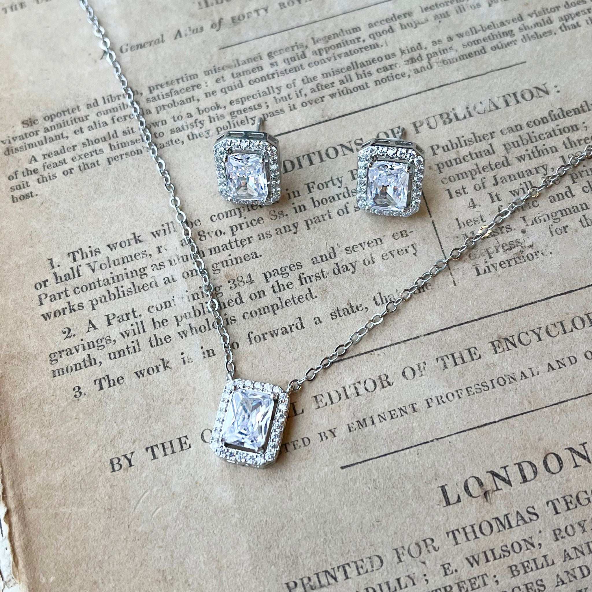 Elsa, Emerald Cut Crystal Earrings and Necklace Set in Silver