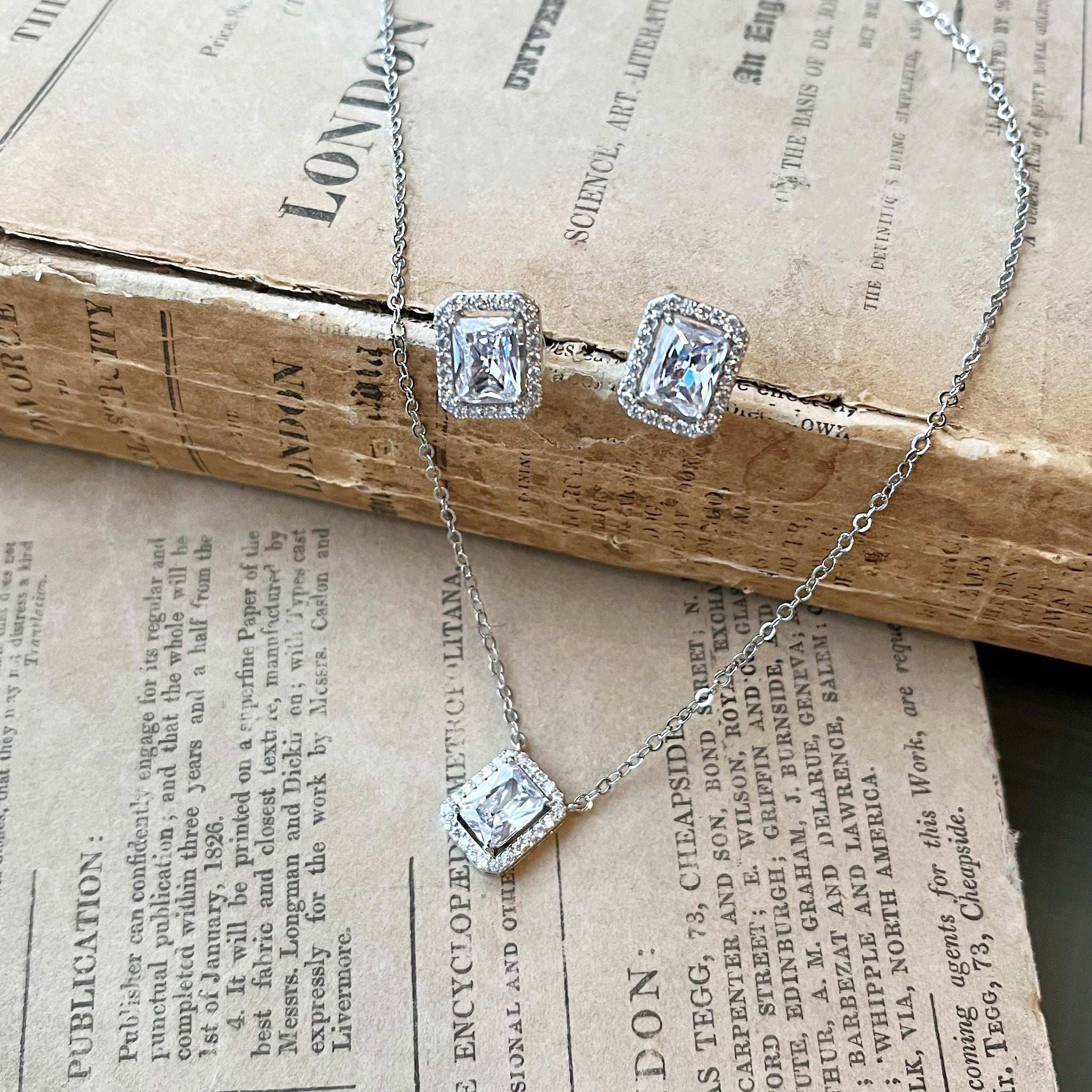 Elsa, Emerald Cut Crystal Earrings and Necklace Set in Silver