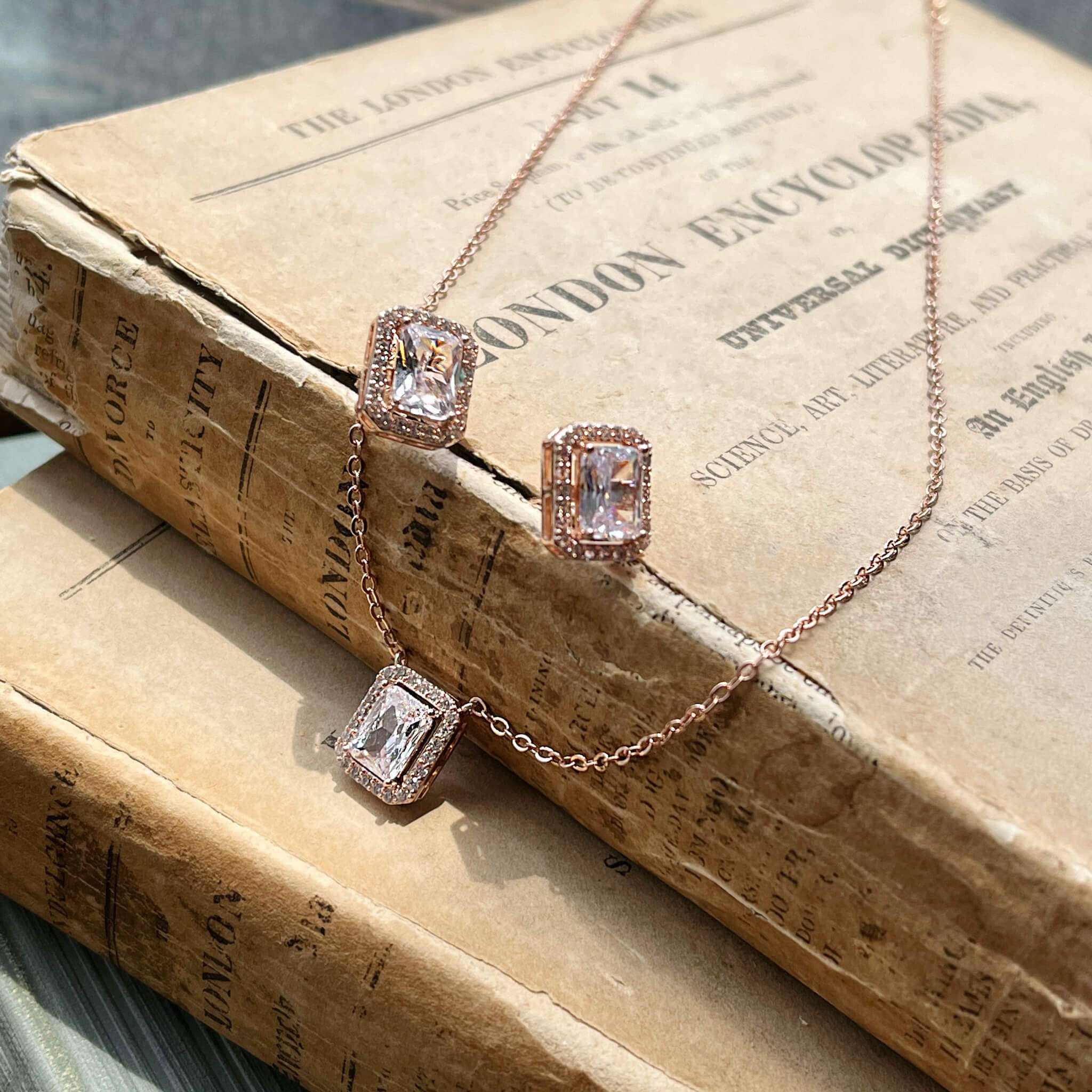 Elsa, Rose Gold Emerald Cut Crystal Earrings and Necklace Set
