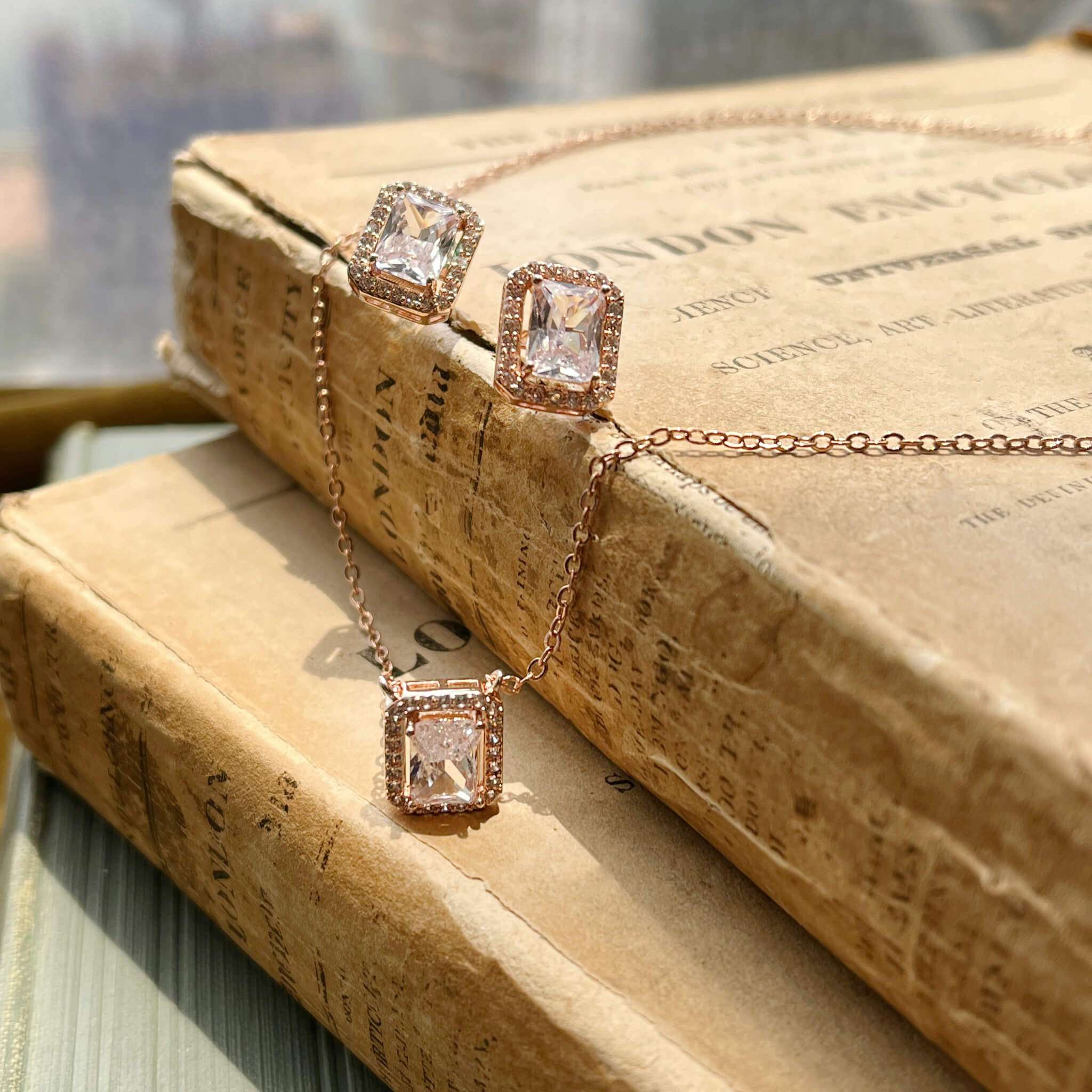 Elsa, Rose Gold Emerald Cut Crystal Earrings and Necklace Set