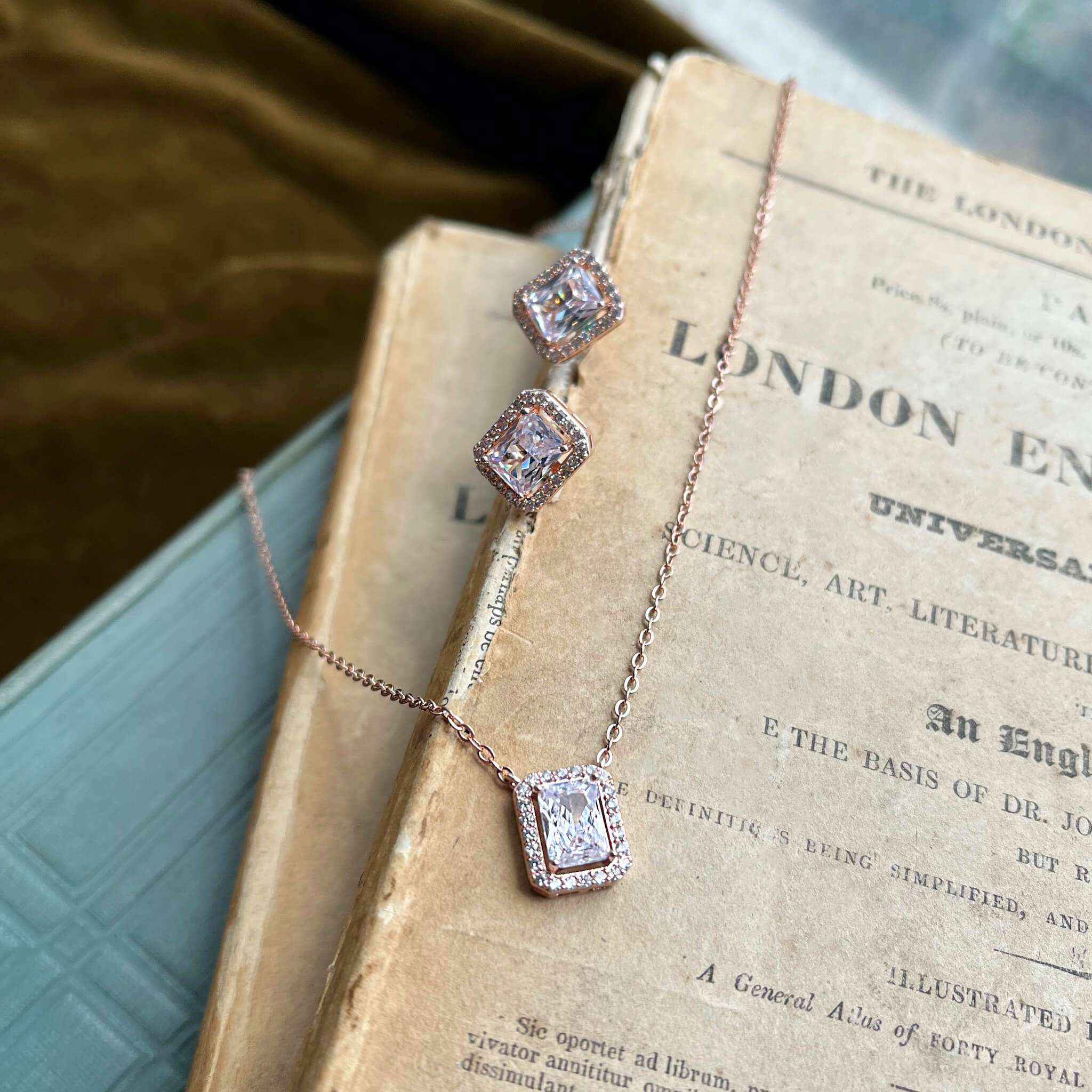 Elsa, Rose Gold Emerald Cut Crystal Earrings and Necklace Set