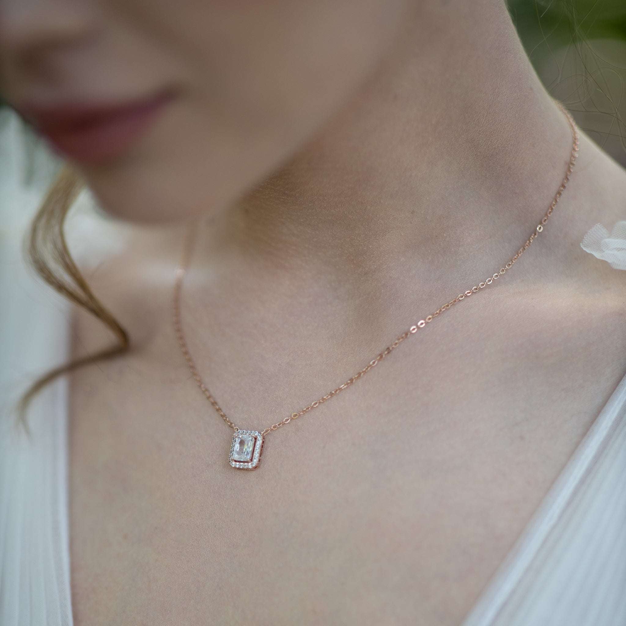 Jules Bridal - Elsa, Rose Gold Emerald Cut Crystal Necklace