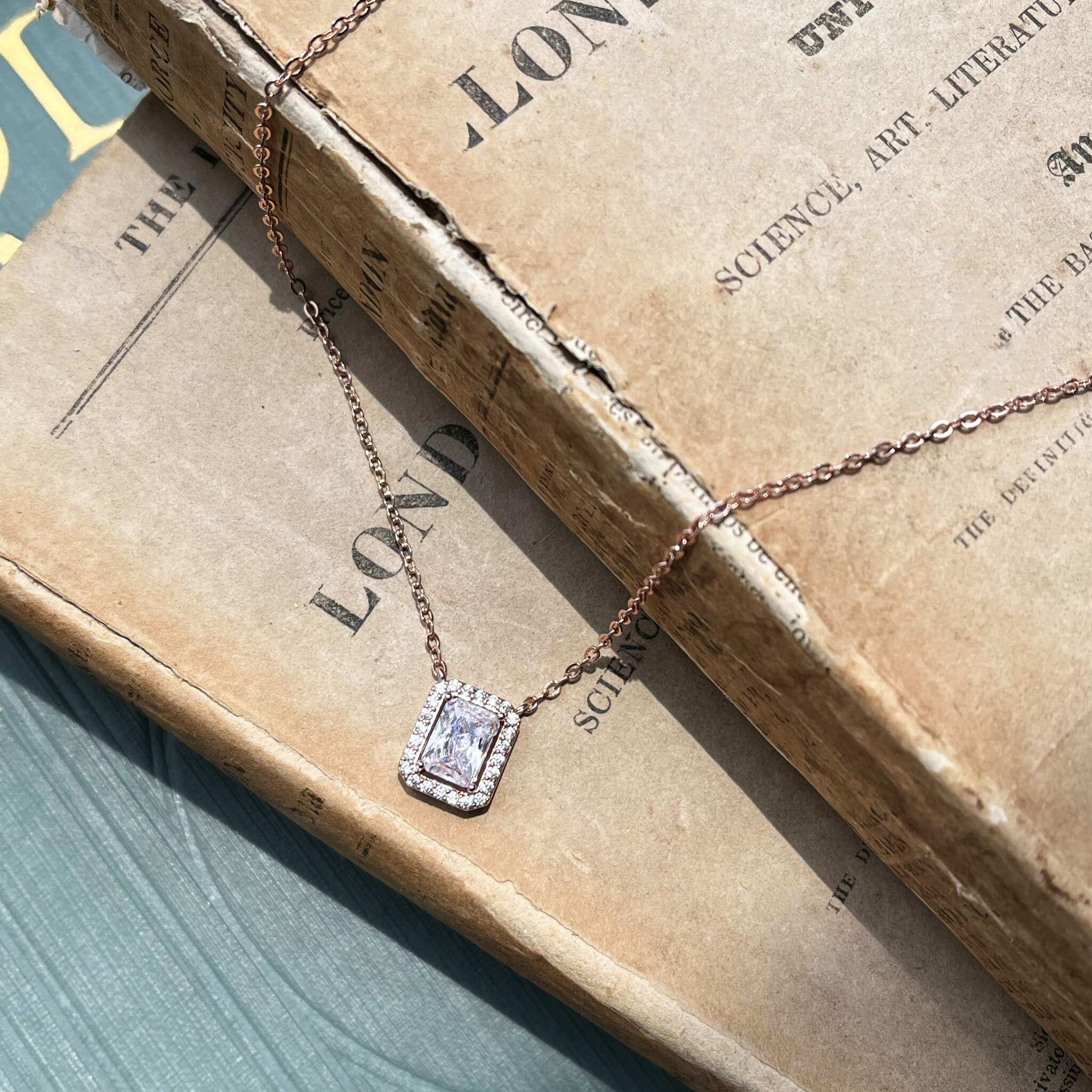 Elsa, Rose Gold Emerald Cut Crystal Necklace