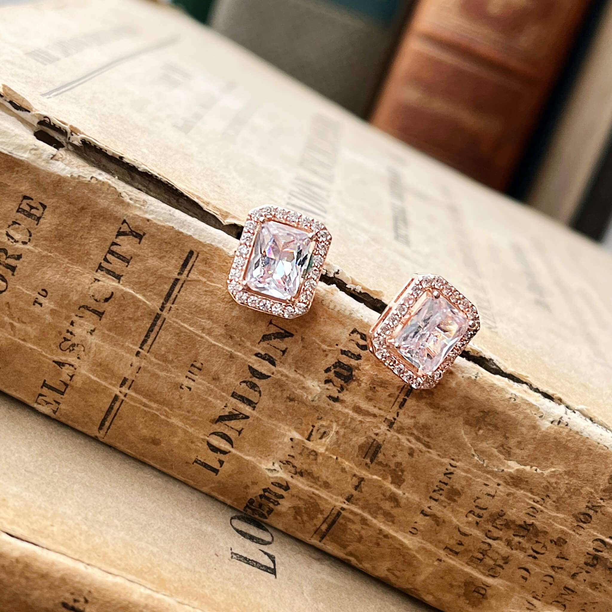 Elsa, Rose Gold Emerald Cut Crystal Studs