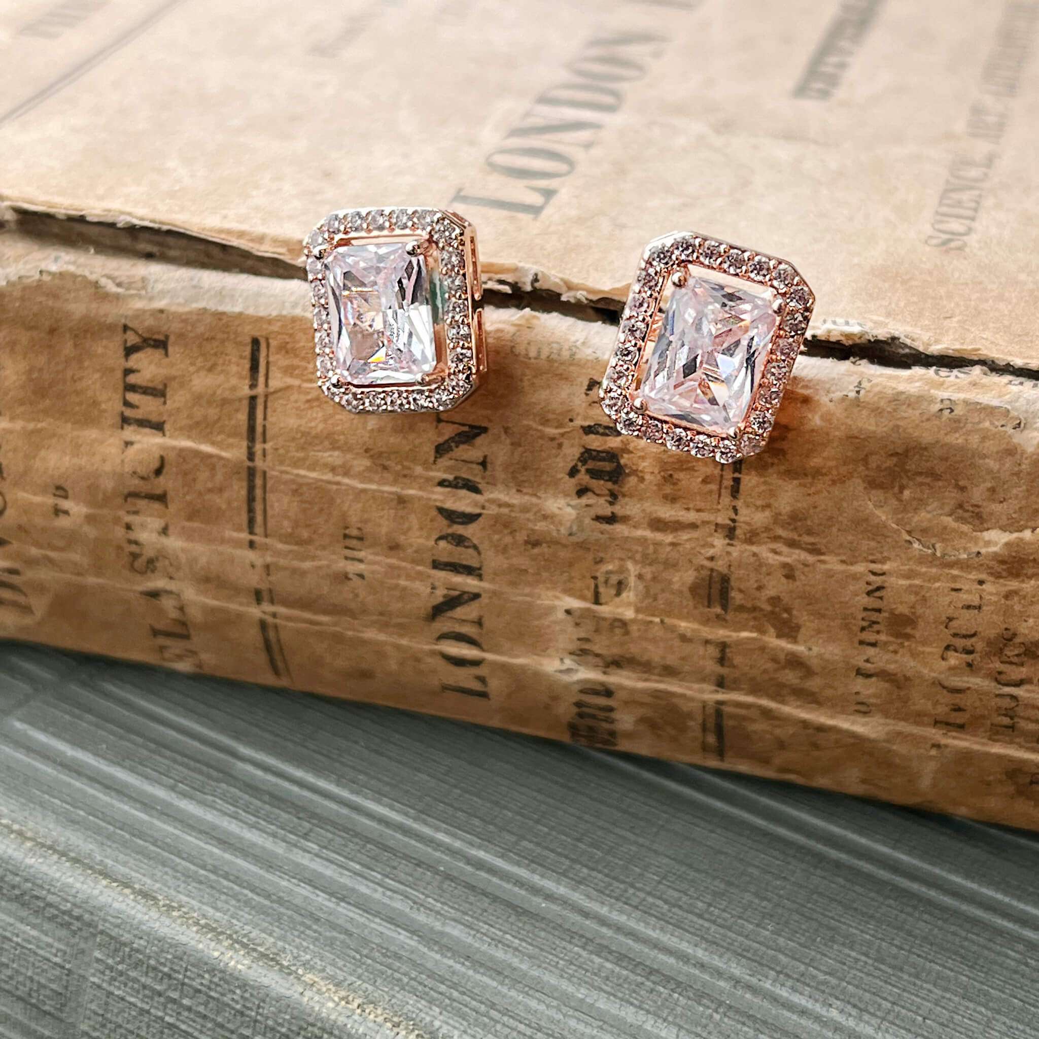 Elsa, Rose Gold Emerald Cut Crystal Studs