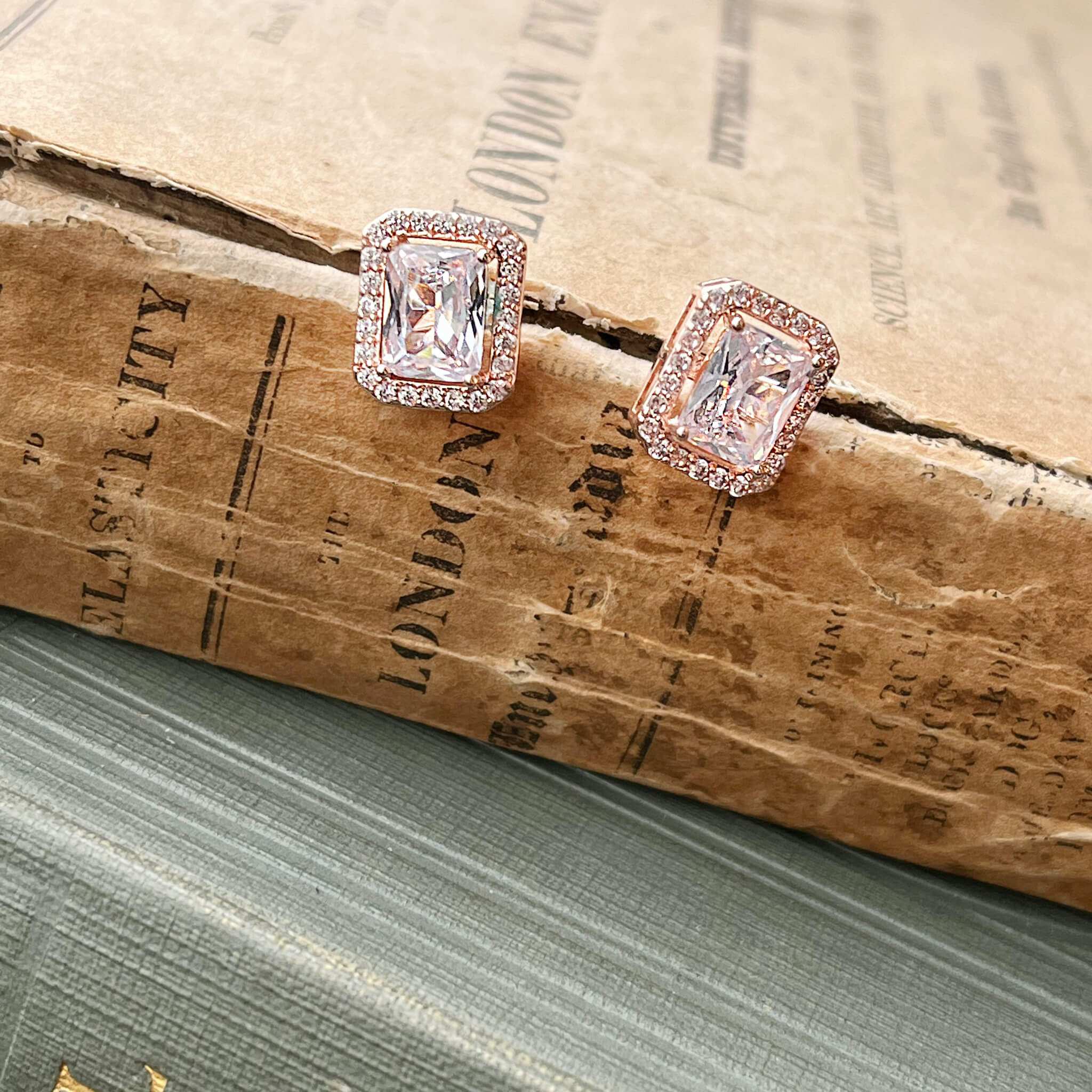 Elsa, Rose Gold Emerald Cut Crystal Studs