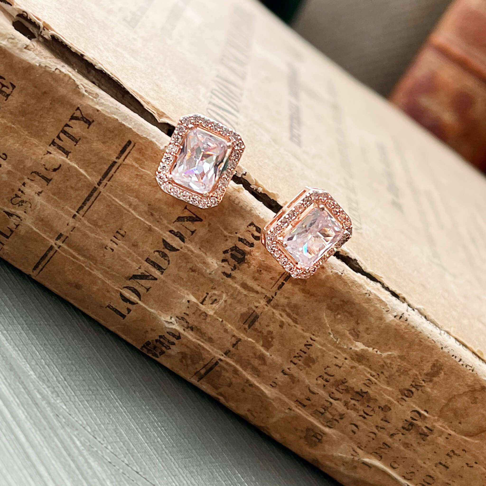 Elsa, Rose Gold Emerald Cut Crystal Studs