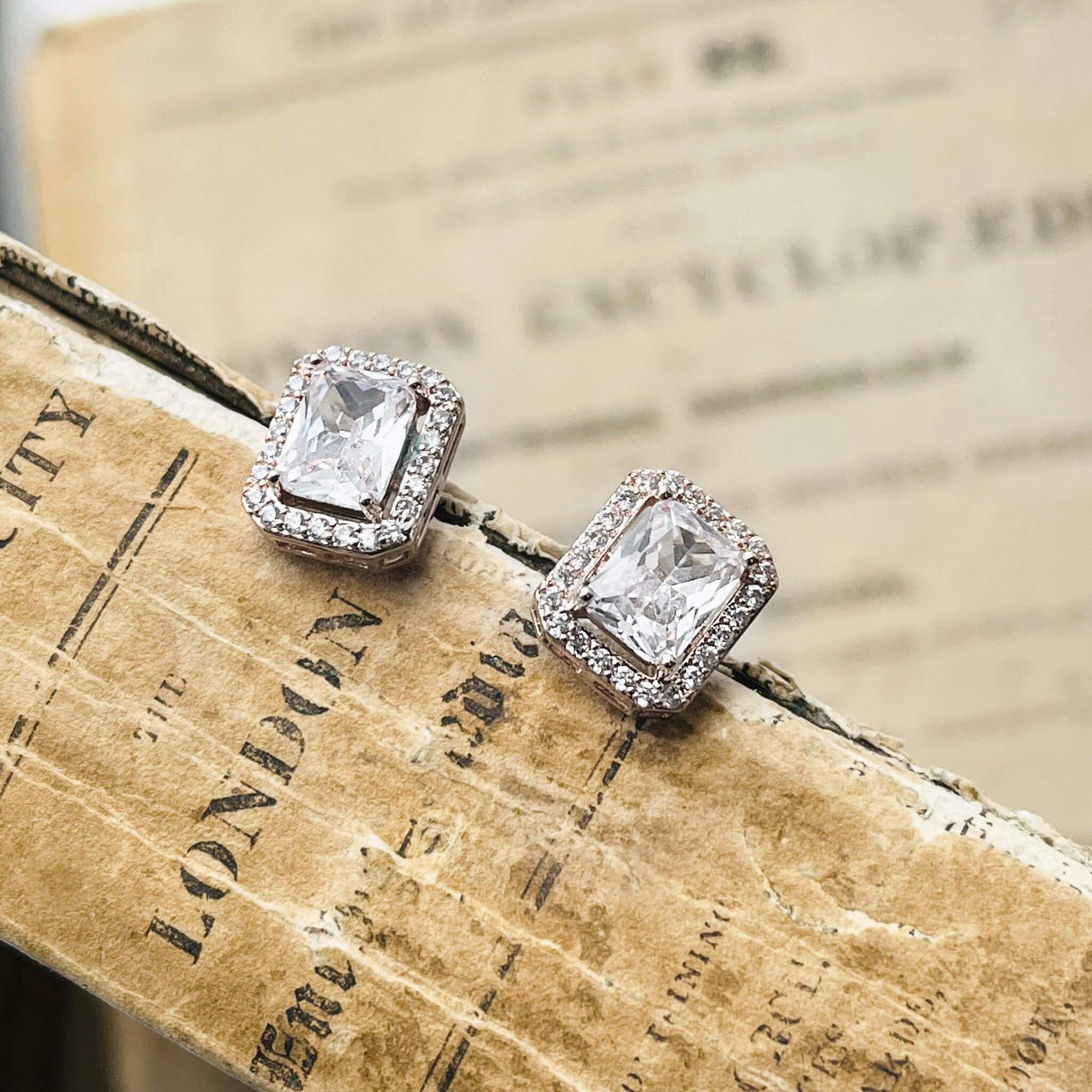 Elsa, Silvertone Emerald Cut Crystal Studs