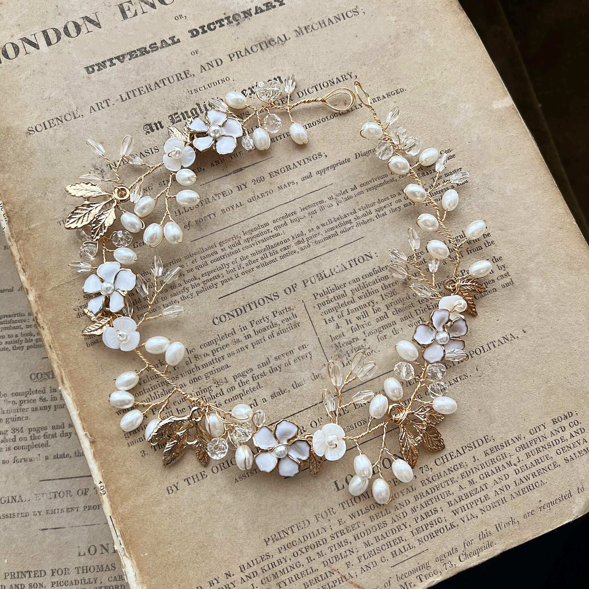 Jules Bridal - Freja, Floral Pearl Golden Leaf Hair Vine