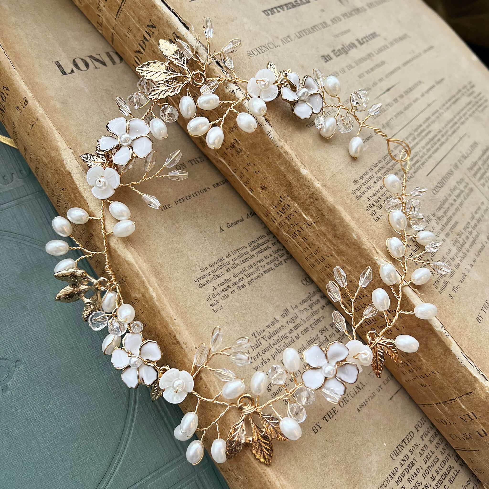 Jules Bridal - Freja, Floral Pearl Golden Leaf Hair Vine