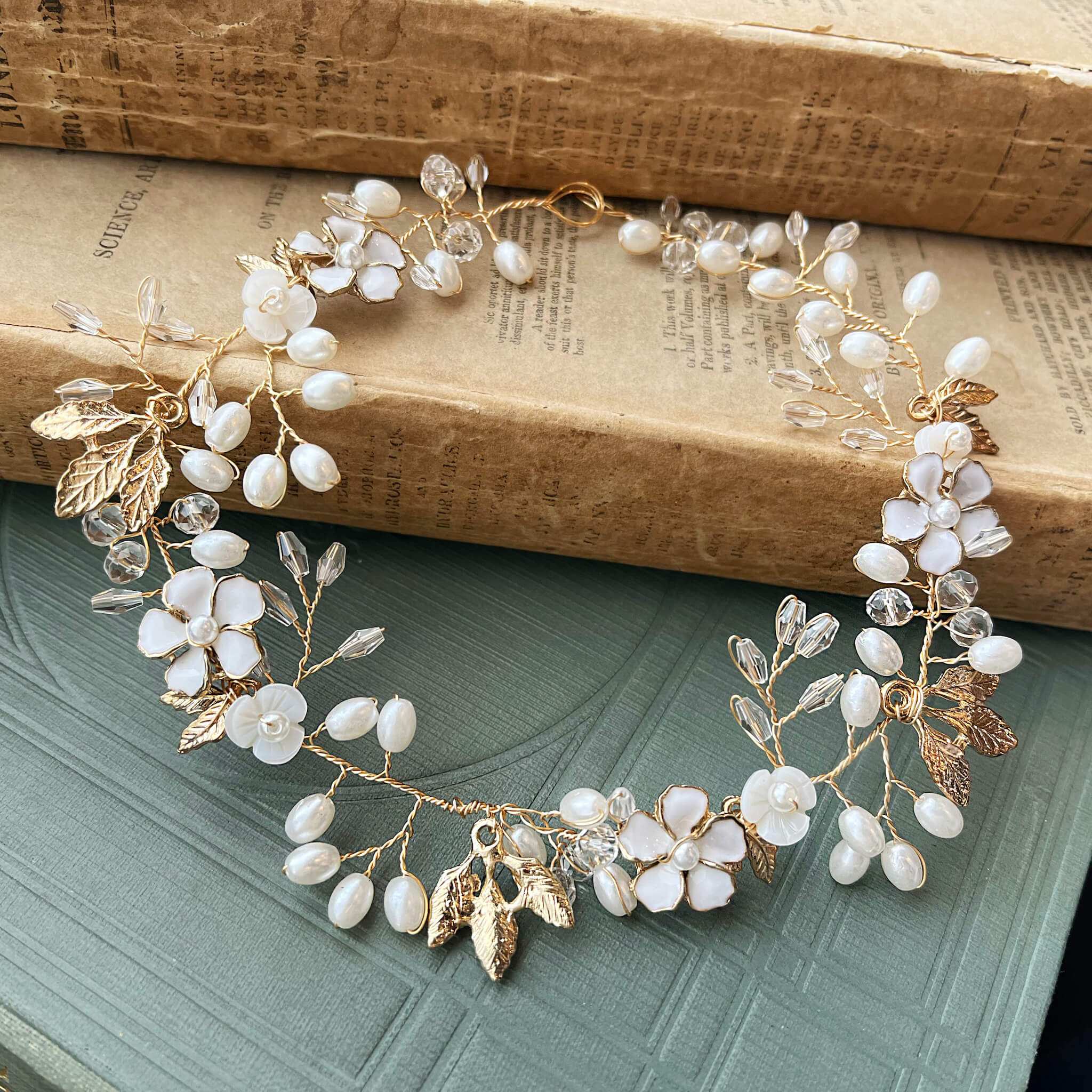 Jules Bridal - Freja, Floral Pearl Golden Leaf Hair Vine