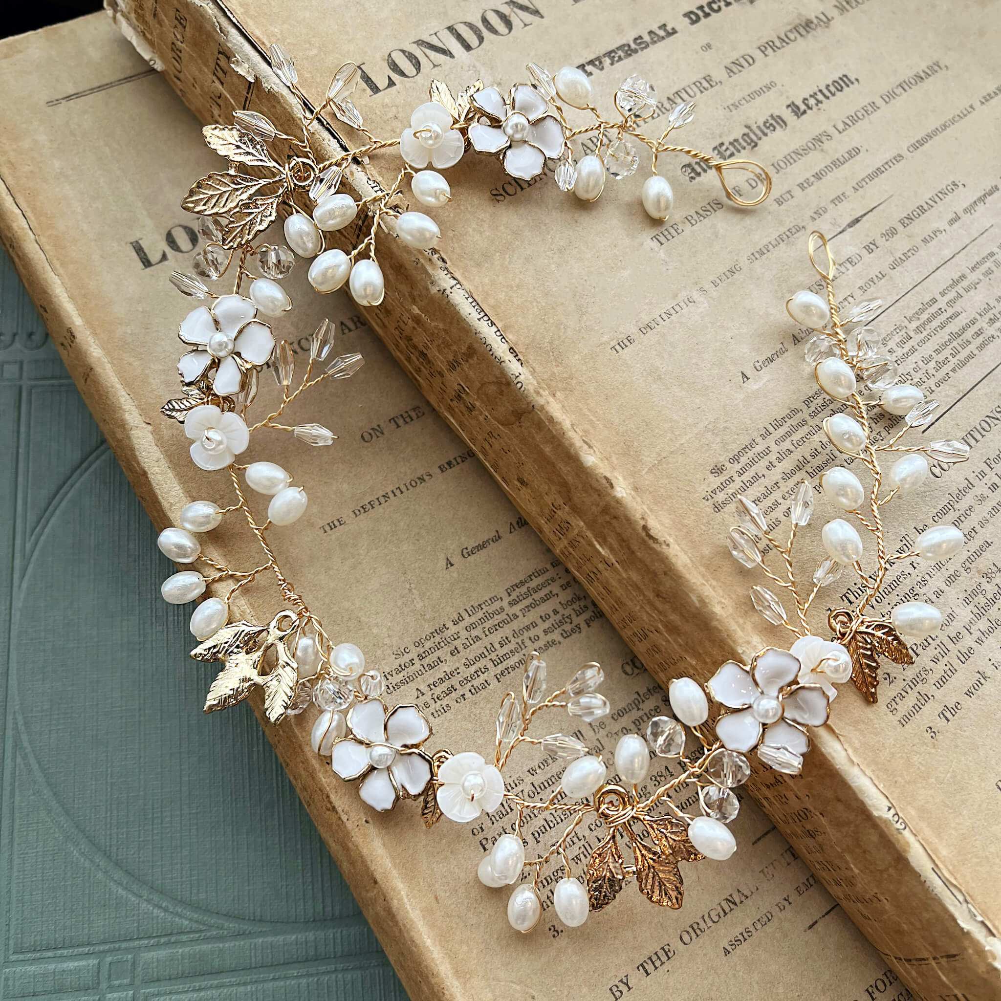 Jules Bridal - Freja, Floral Pearl Golden Leaf Hair Vine