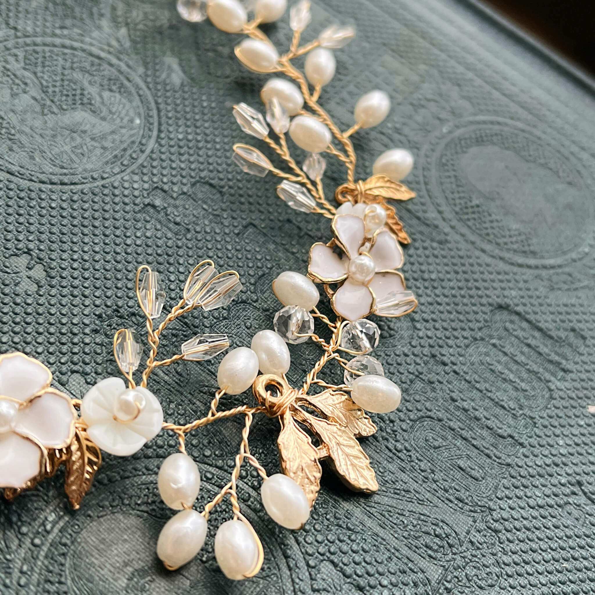 Jules Bridal - Freja, Floral Pearl Golden Leaf Hair Vine