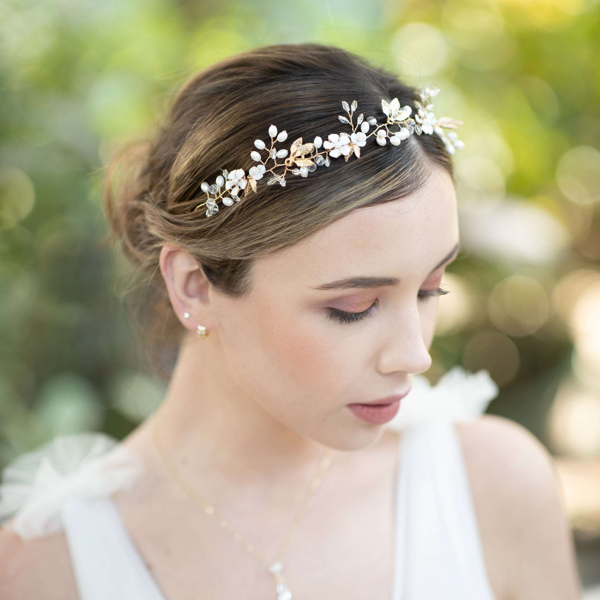 Jules Bridal - Freja, Floral Pearl Golden Leaf Hair Vine