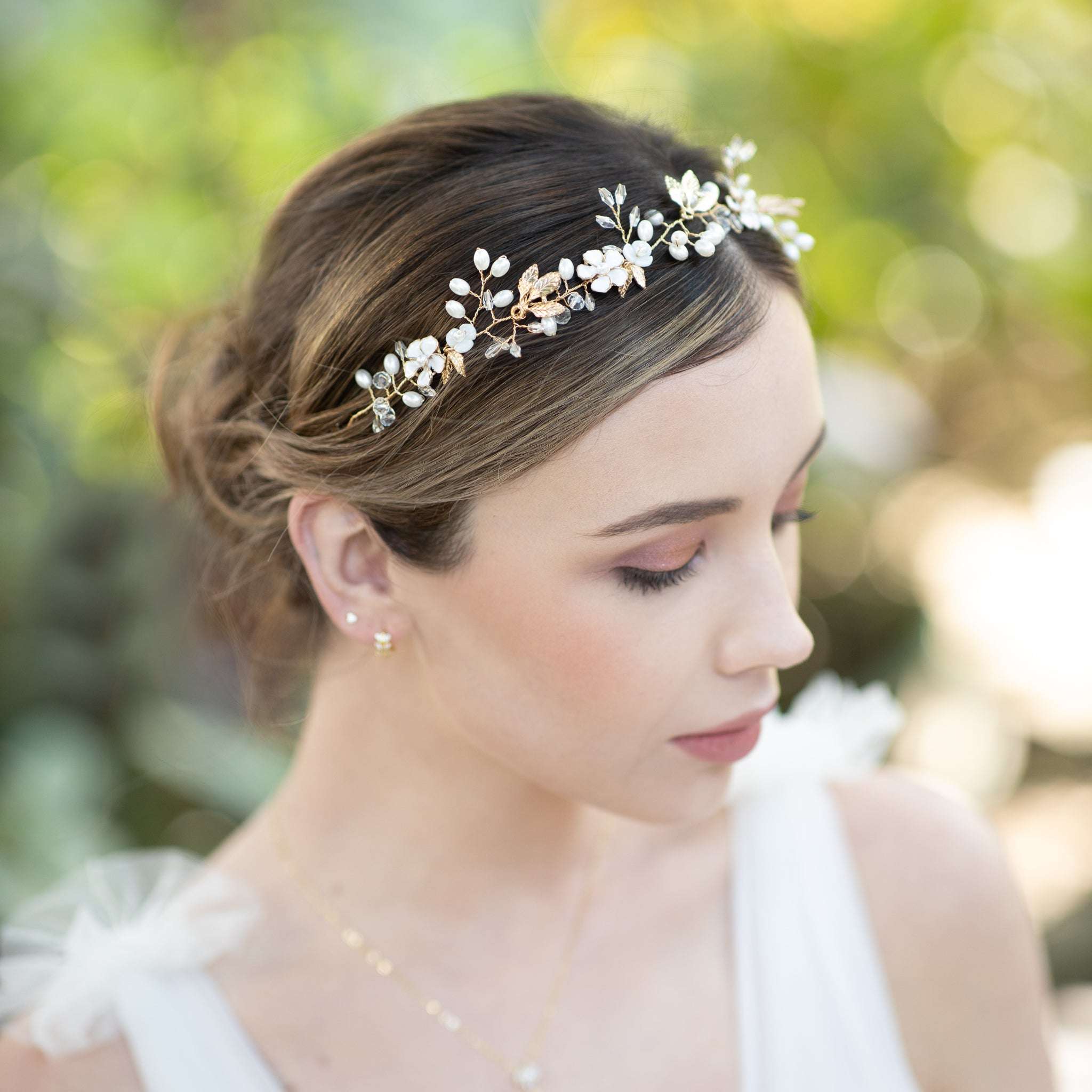 Jules Bridal - Freja, Floral Pearl Golden Leaf Hair Vine