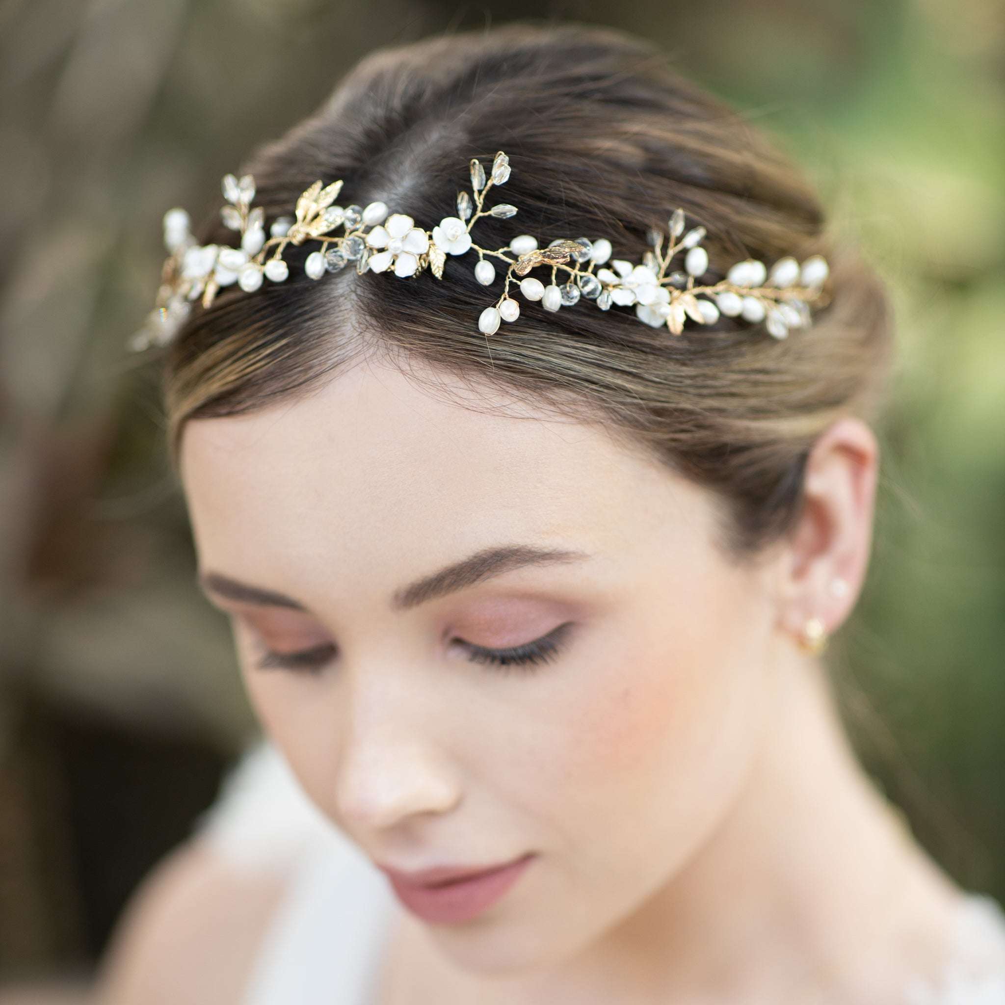 Jules Bridal - Freja, Floral Pearl Golden Leaf Hair Vine
