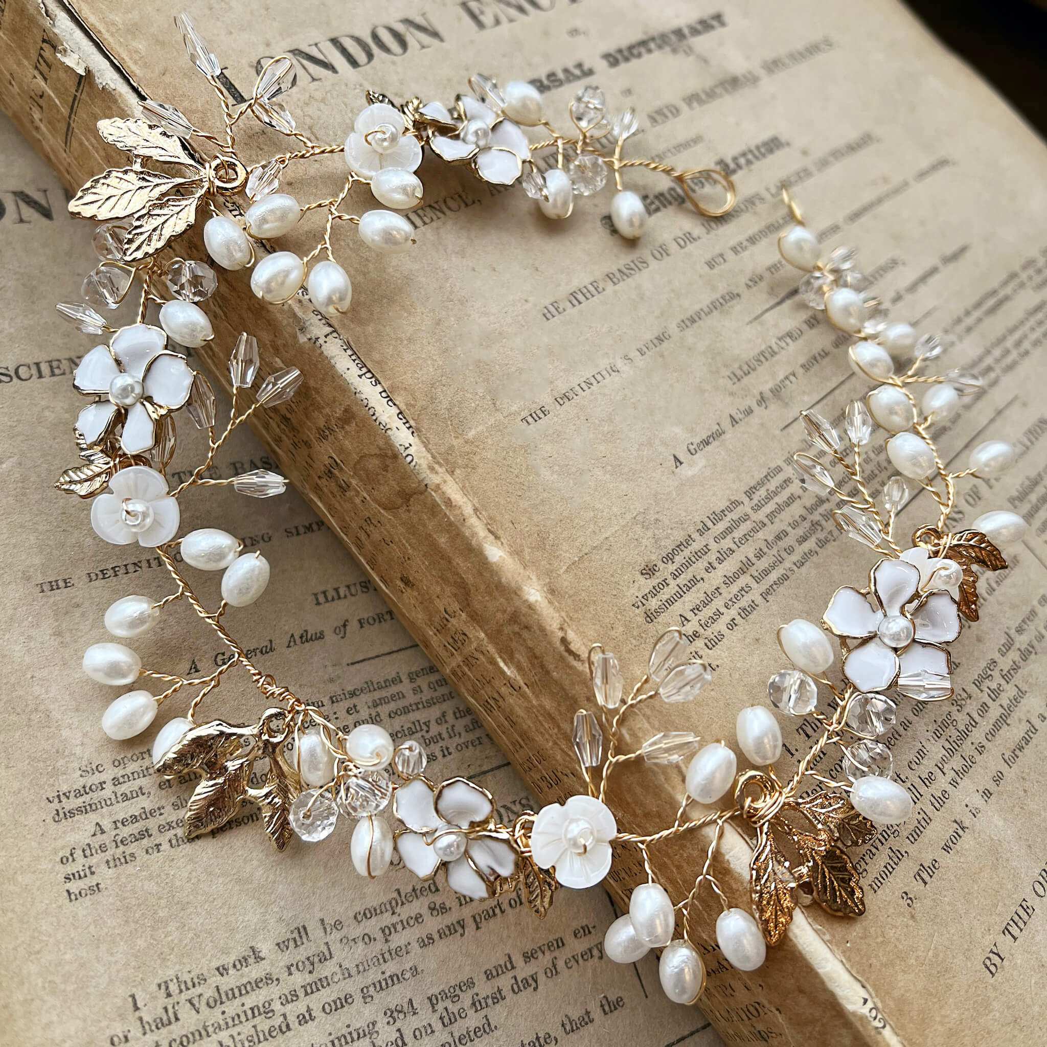 Jules Bridal - Freja, Floral Pearl Golden Leaf Hair Vine