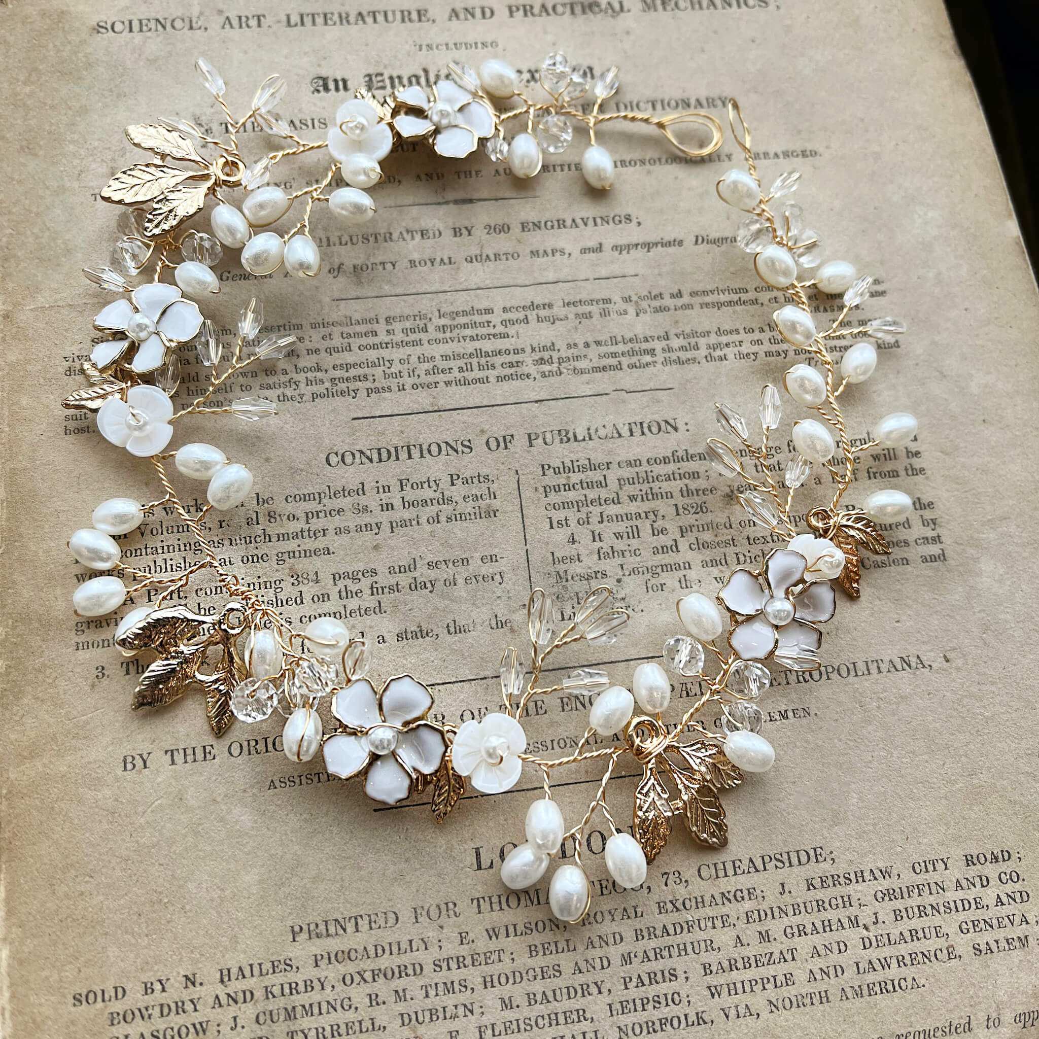 Jules Bridal - Freja, Floral Pearl Golden Leaf Hair Vine