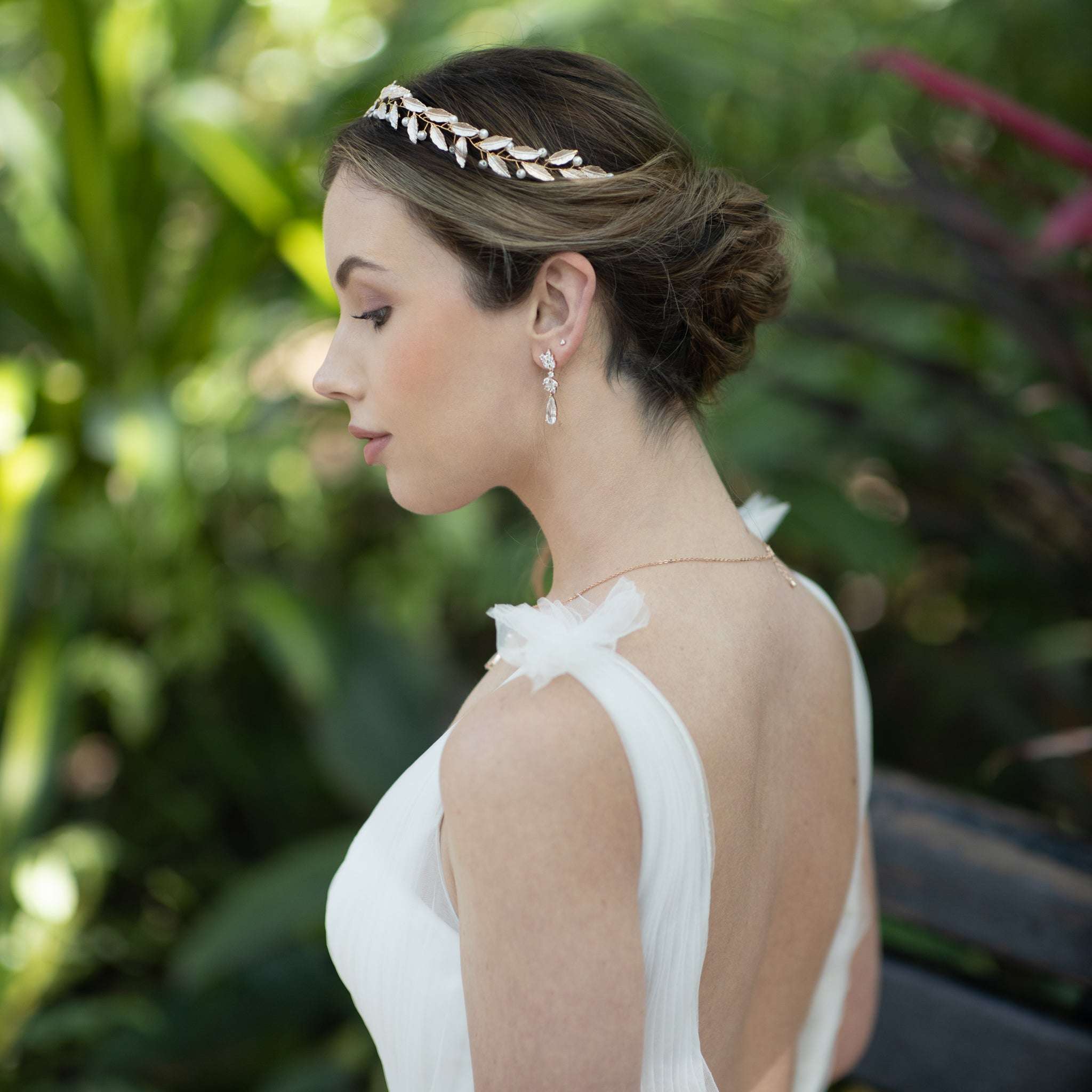 Jules Bridal - Frida, Pearl & Pink Leaf Motif Grecian Goddess Hair Vine