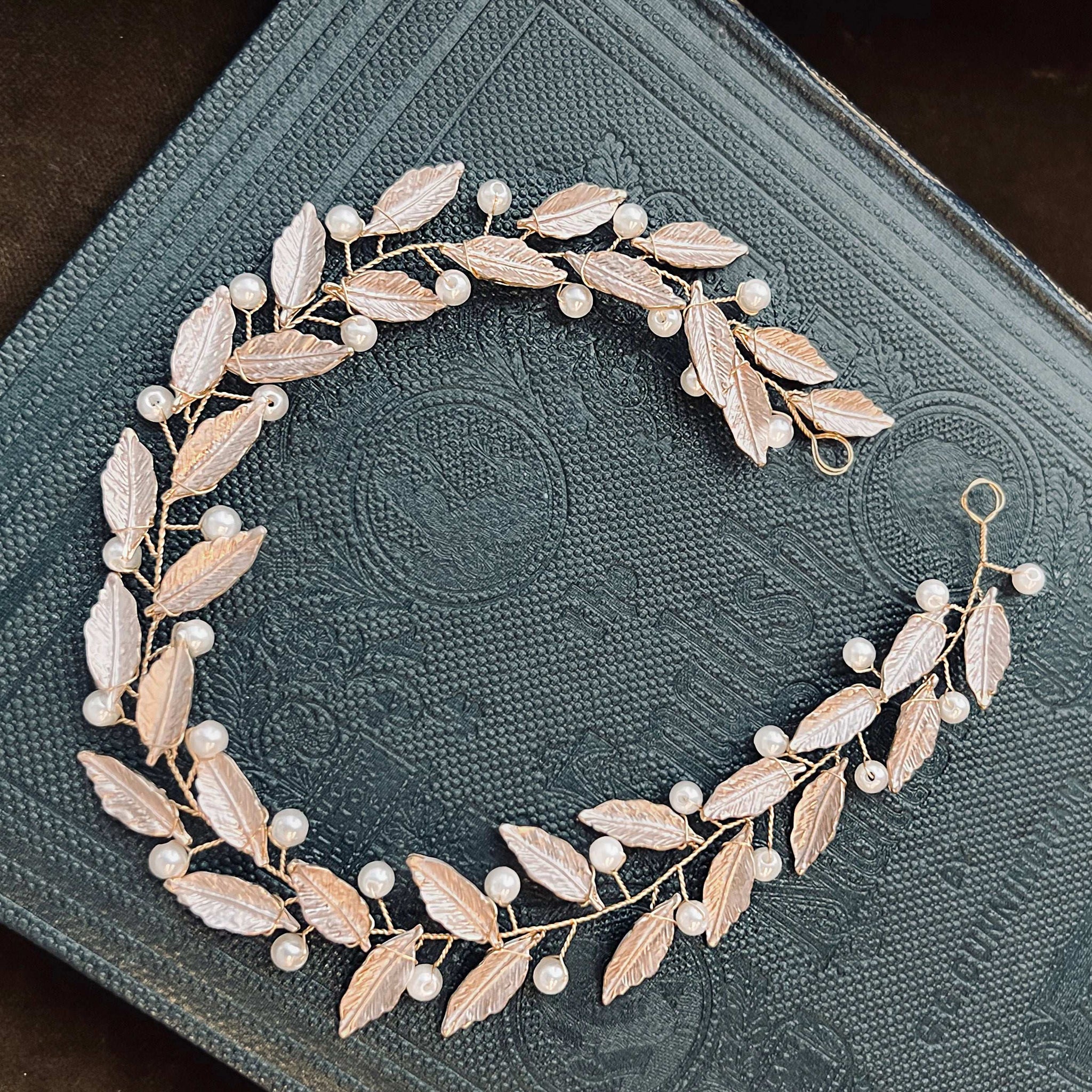 Jules Bridal - Frida, Pearl & Pink Leaf Motif Grecian Goddess Hair Vine