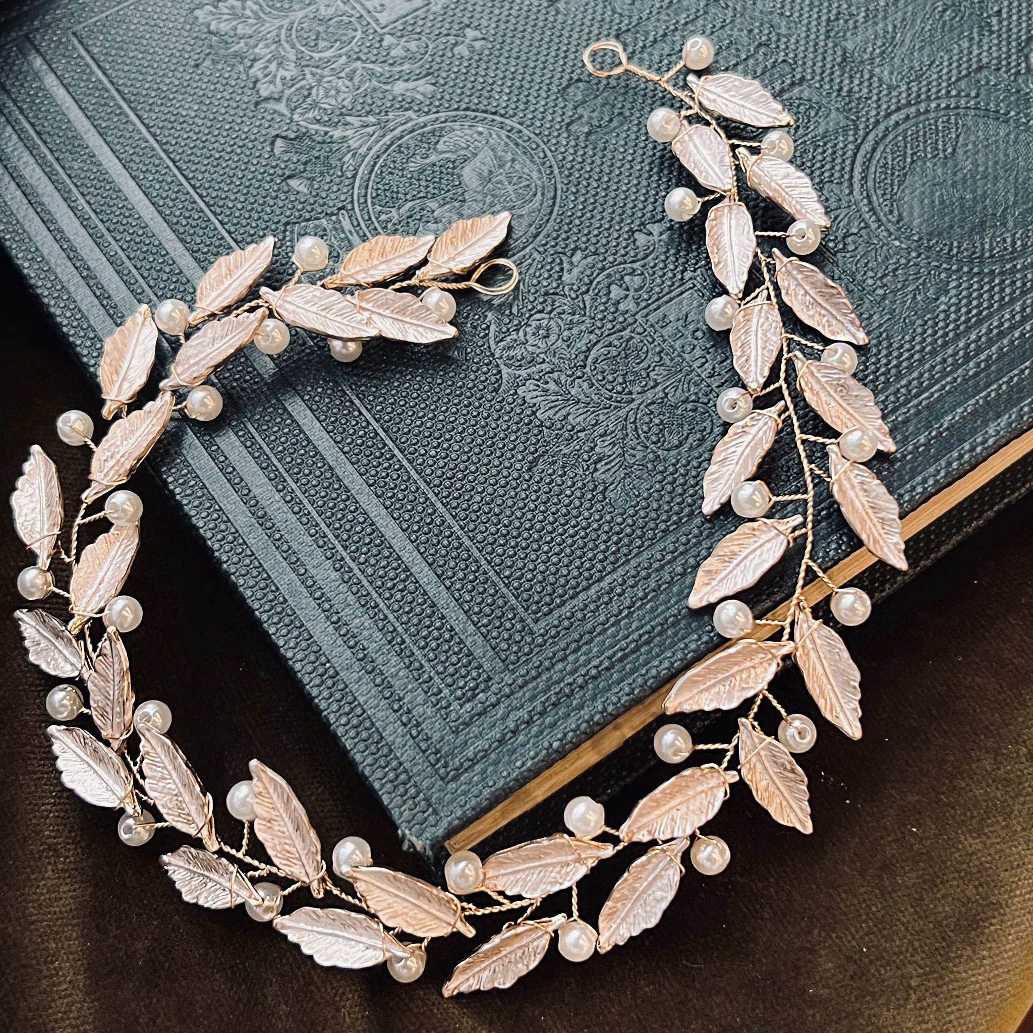 Jules Bridal - Frida, Pearl & Pink Leaf Motif Grecian Goddess Hair Vine