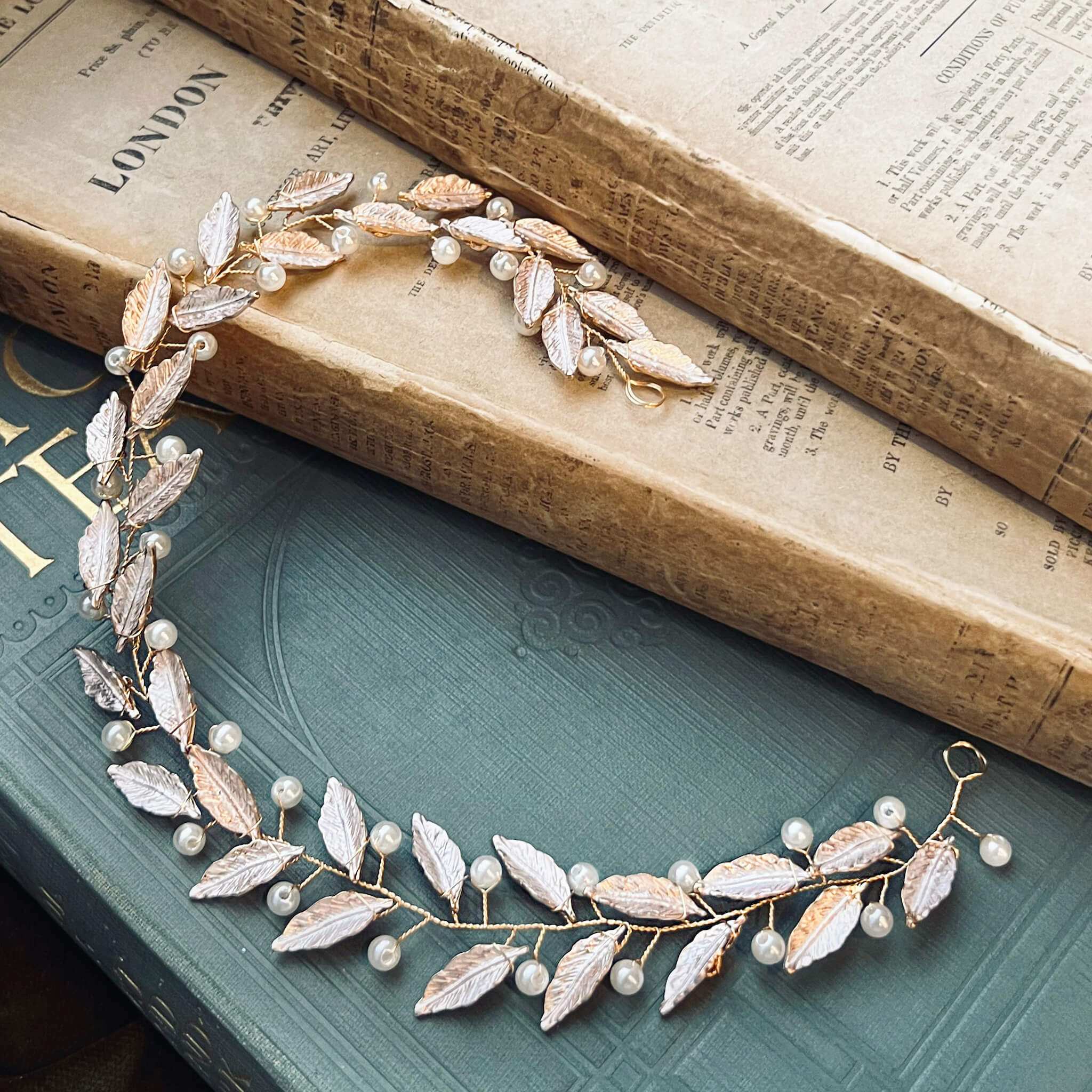 Jules Bridal - Frida, Pearl & Pink Leaf Motif Grecian Goddess Hair Vine