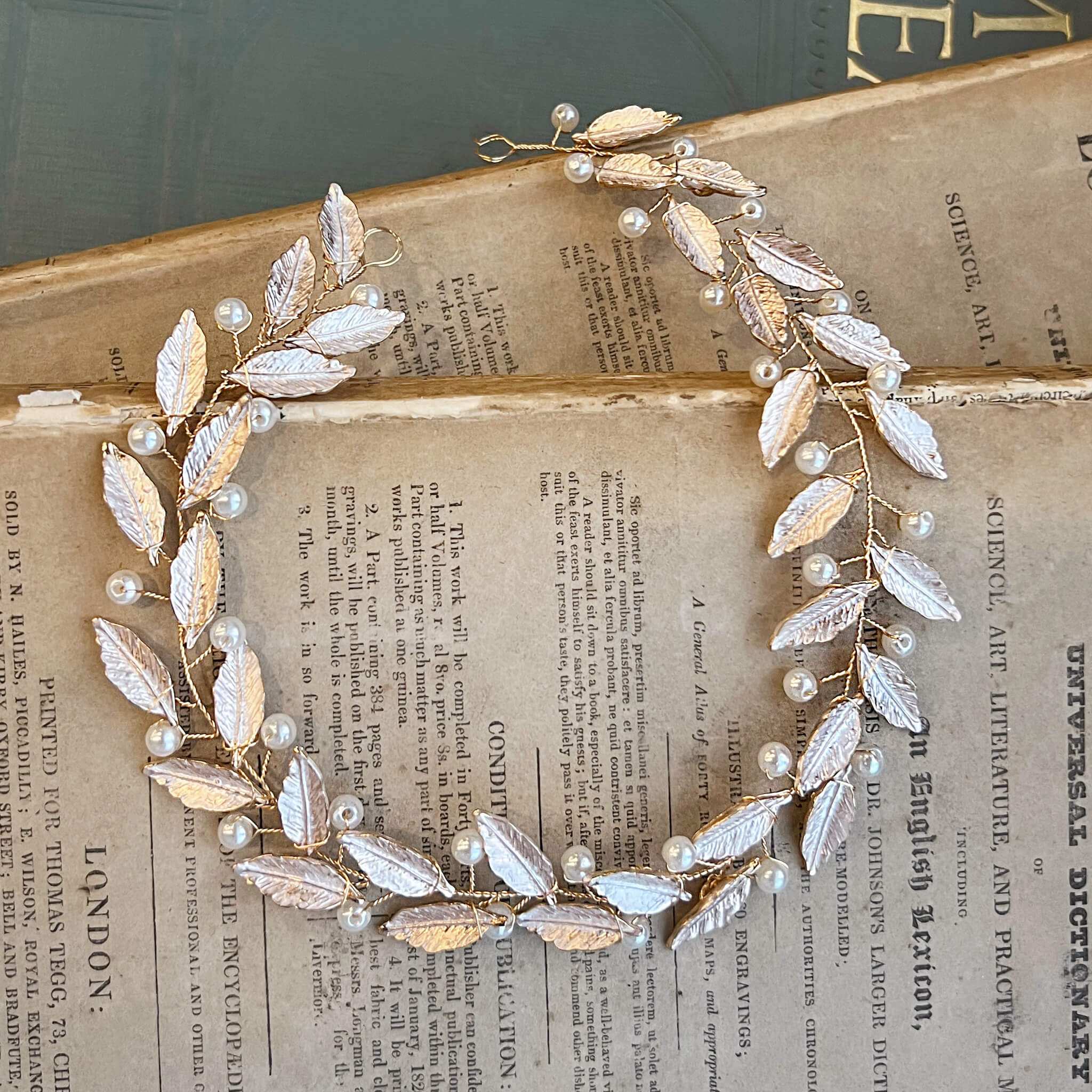 Jules Bridal - Frida, Pearl & Pink Leaf Motif Grecian Goddess Hair Vine