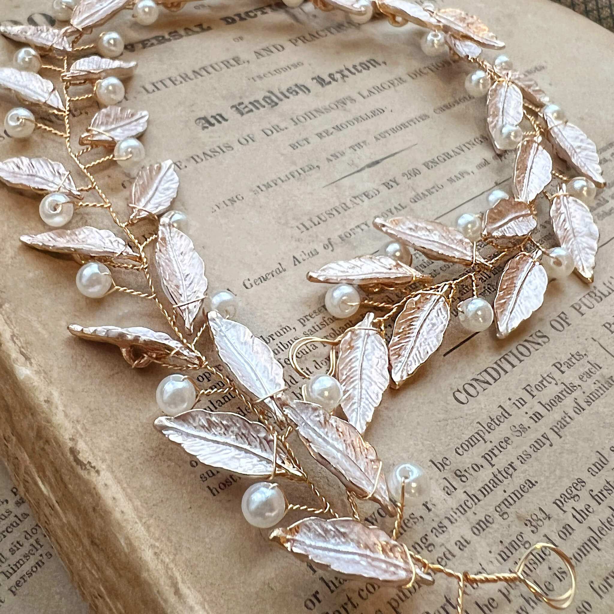 Jules Bridal - Frida, Pearl & Pink Leaf Motif Grecian Goddess Hair Vine