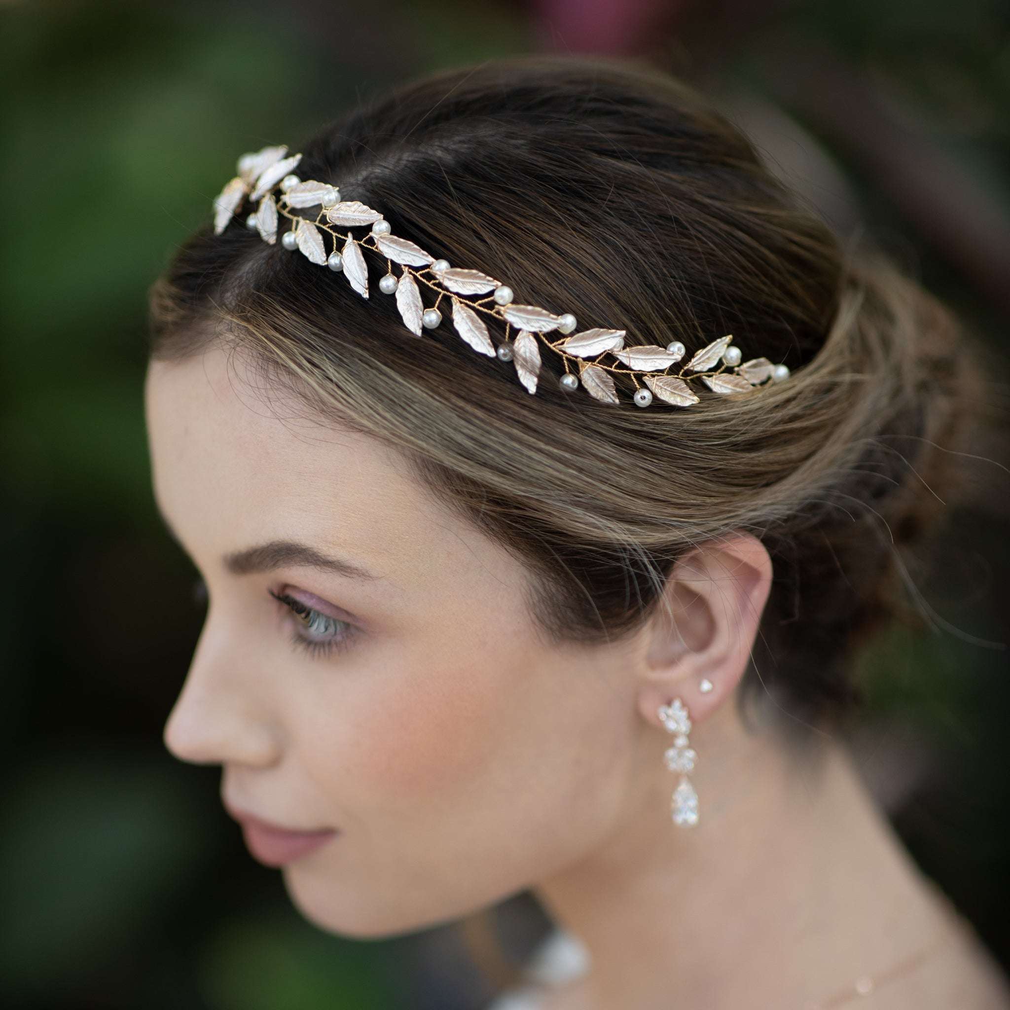 Jules Bridal - Frida, Pearl & Pink Leaf Motif Grecian Goddess Hair Vine