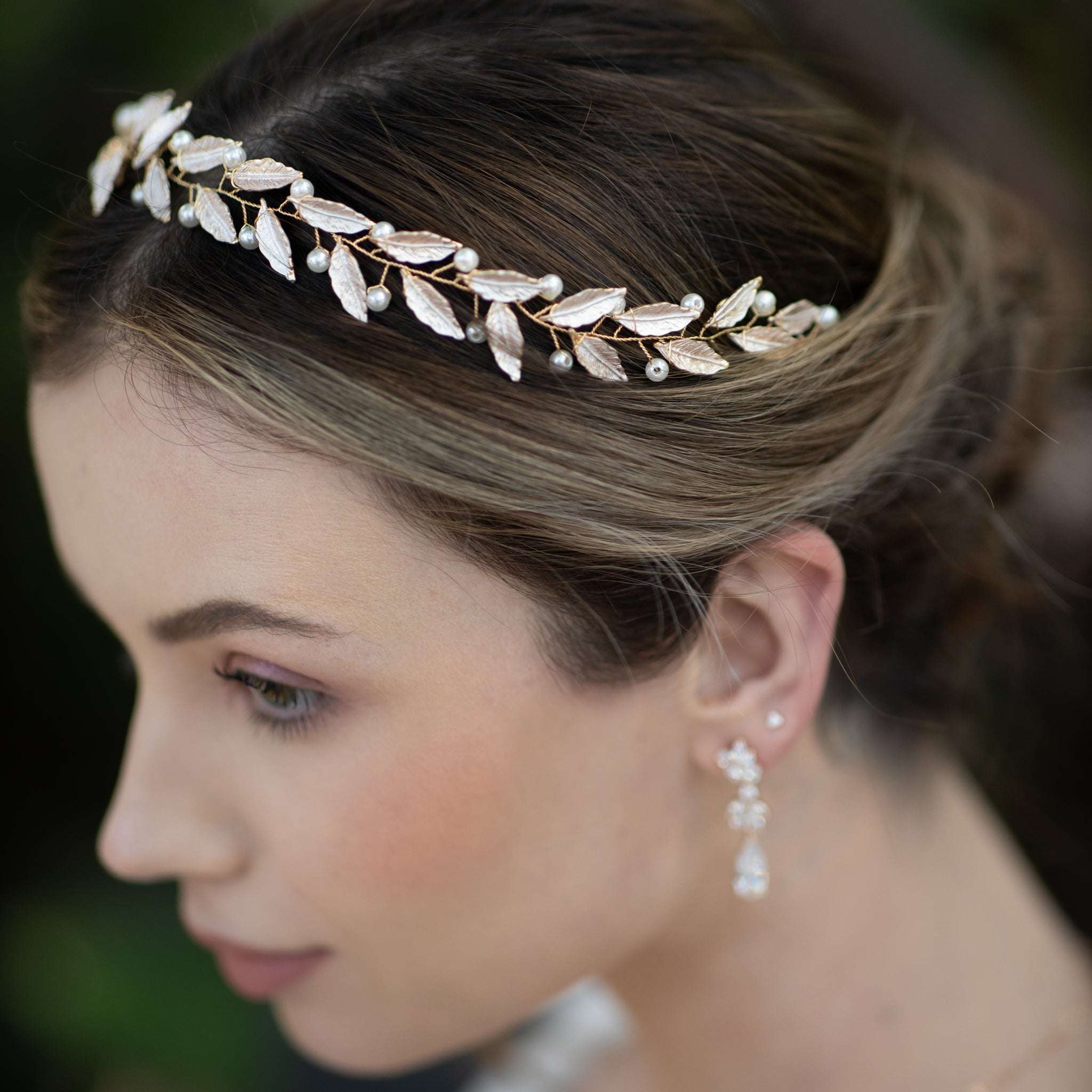 Jules Bridal - Frida, Pearl & Pink Leaf Motif Grecian Goddess Hair Vine