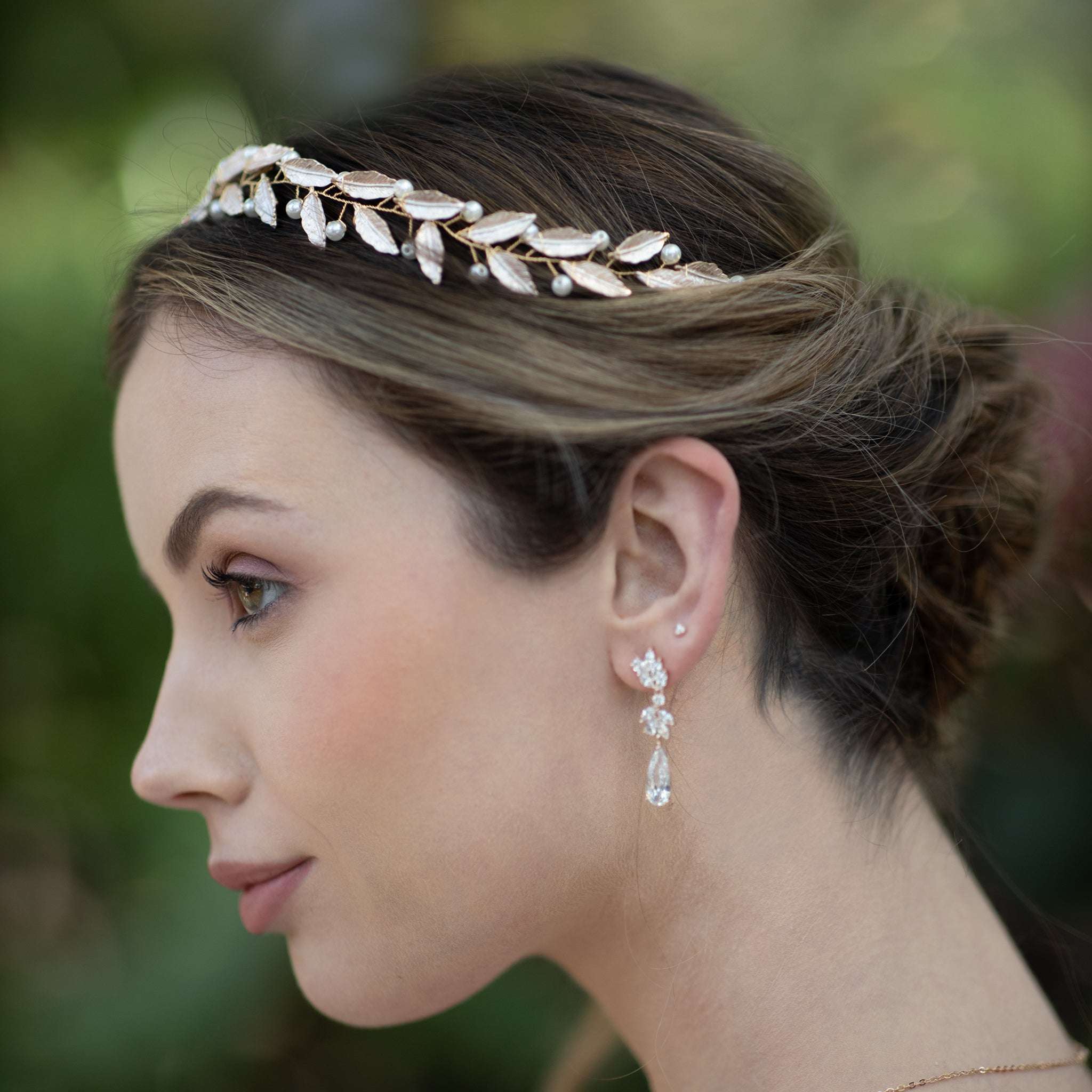 Jules Bridal - Frida, Pearl & Pink Leaf Motif Grecian Goddess Hair Vine