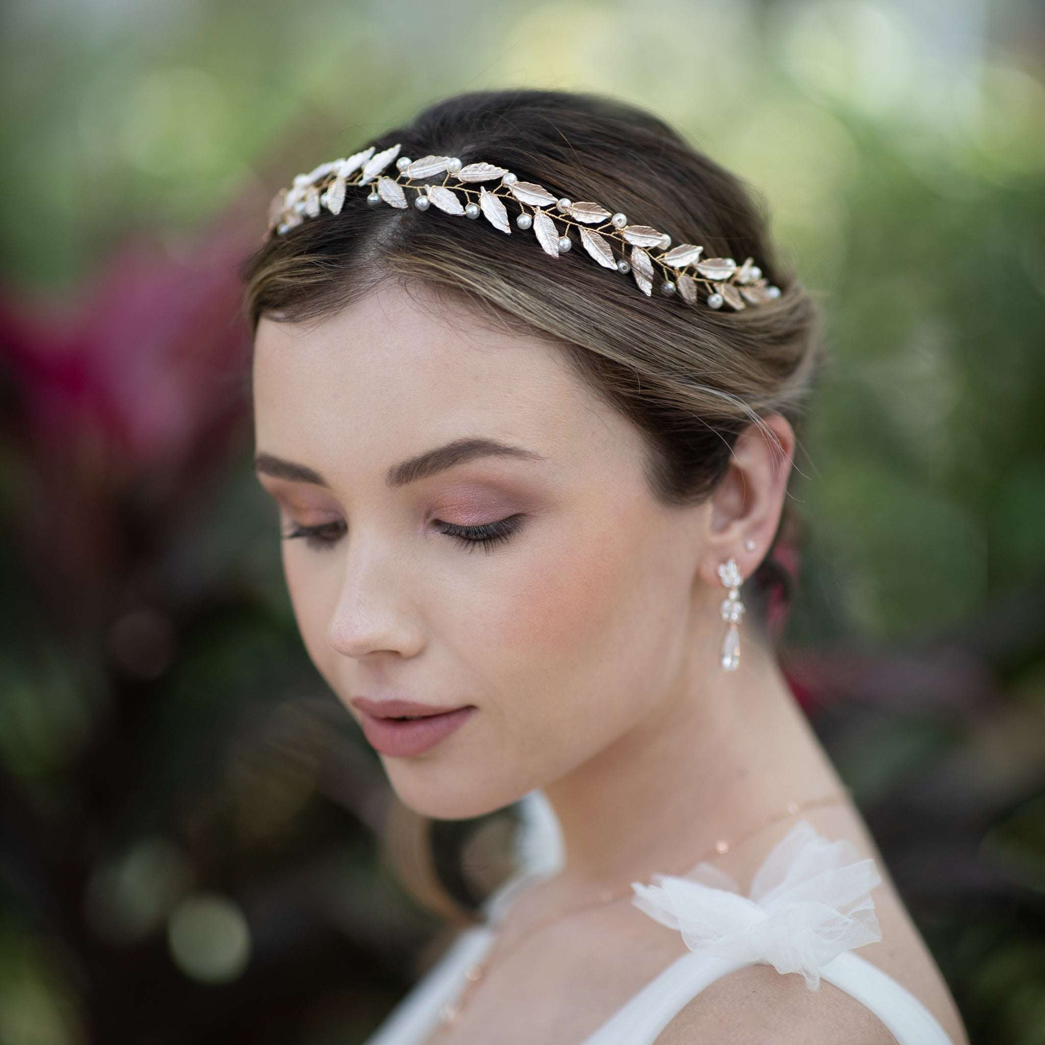 Jules Bridal - Frida, Pearl & Pink Leaf Motif Grecian Goddess Hair Vine