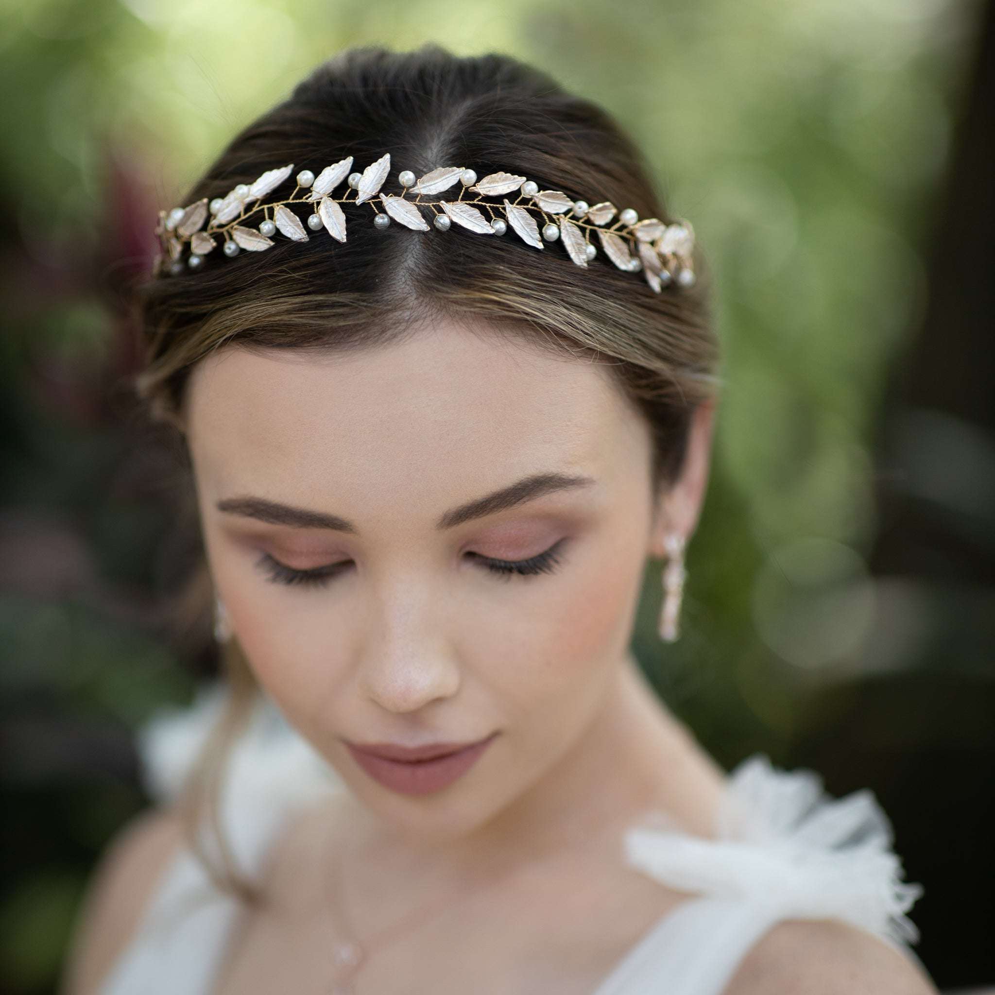 Jules Bridal - Frida, Pearl & Pink Leaf Motif Grecian Goddess Hair Vine