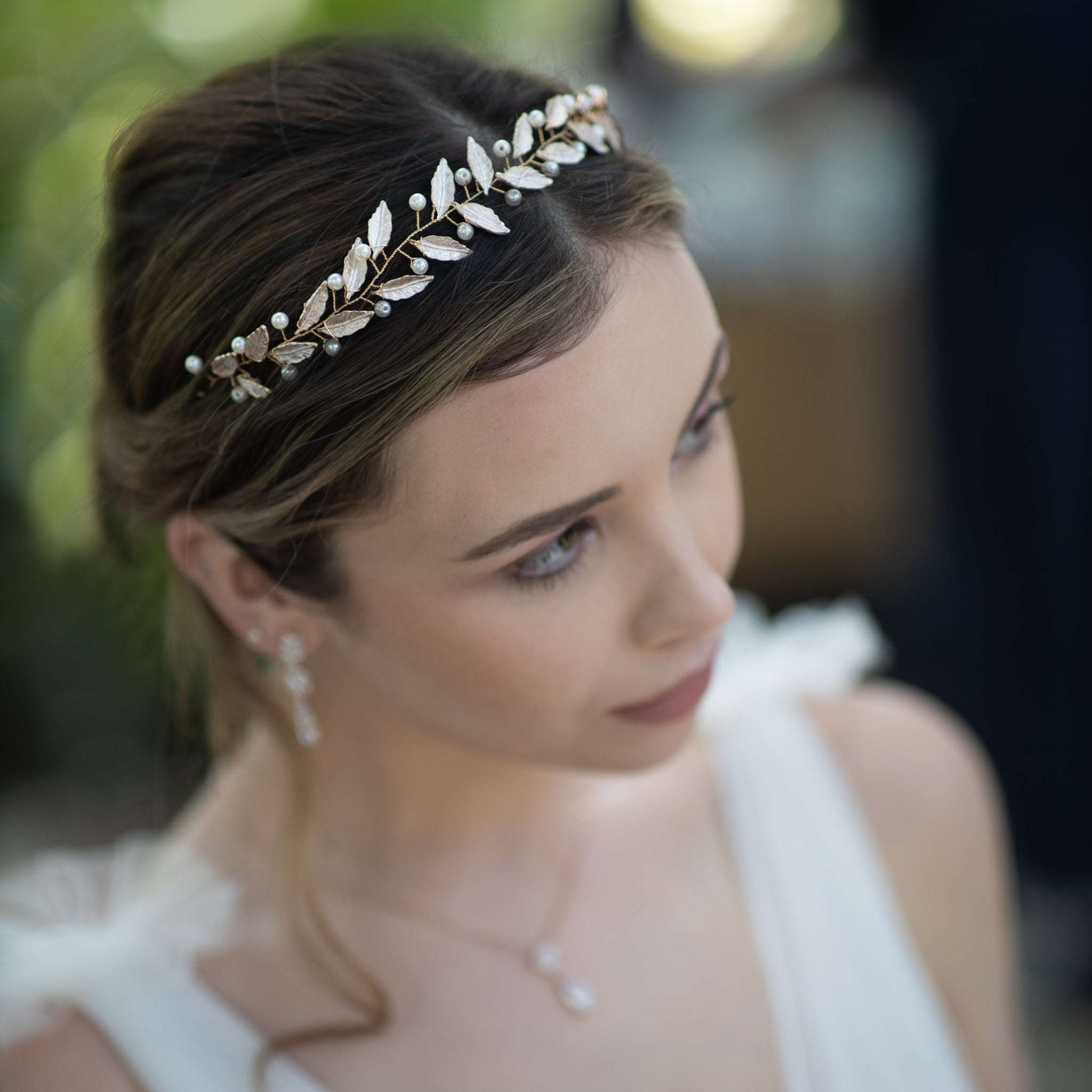 Jules Bridal - Frida, Pearl & Pink Leaf Motif Grecian Goddess Hair Vine