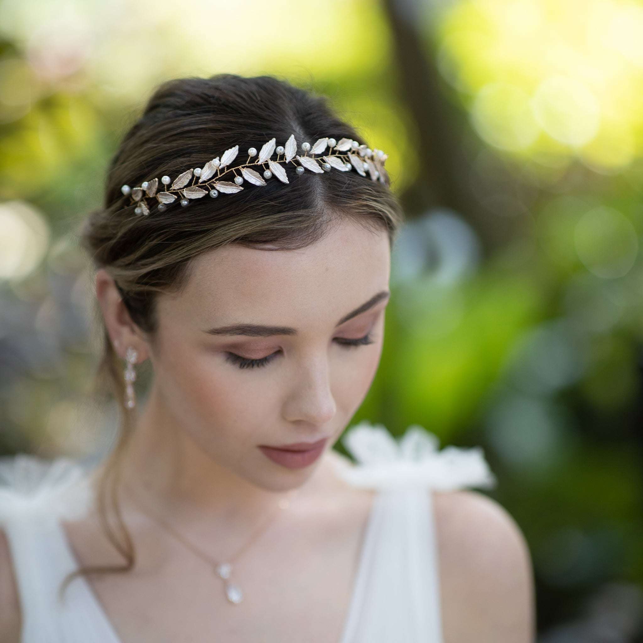 Jules Bridal - Frida, Pearl & Pink Leaf Motif Grecian Goddess Hair Vine