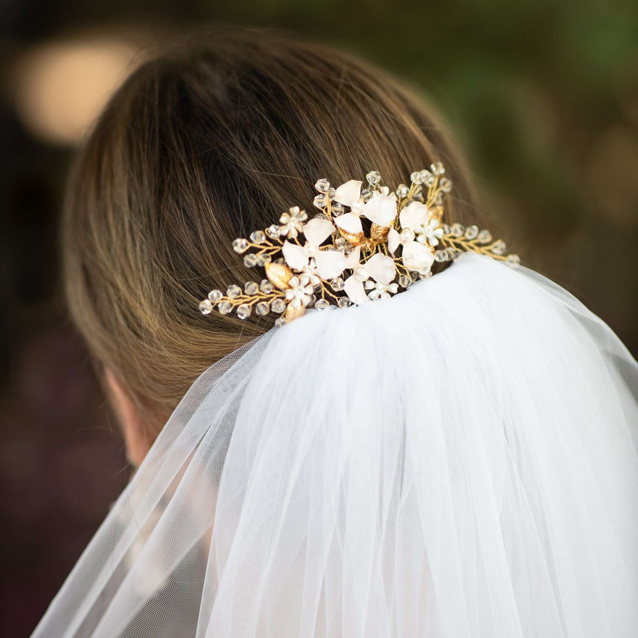 Jules Bridal - Gisla, Enamel Floral Golden Leaf Hair Comb