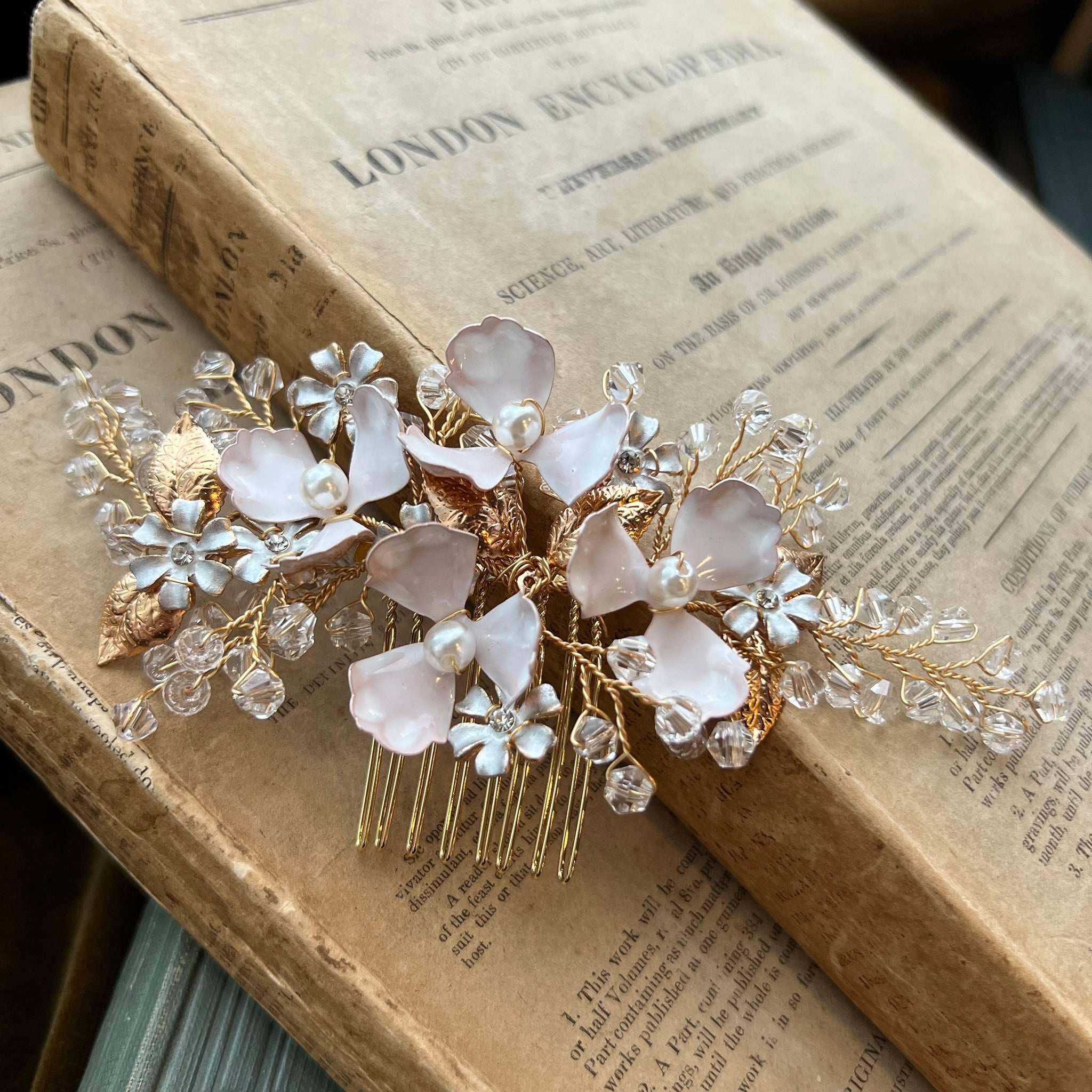 Jules Bridal - Gisla, Enamel Floral Golden Leaf Hair Comb