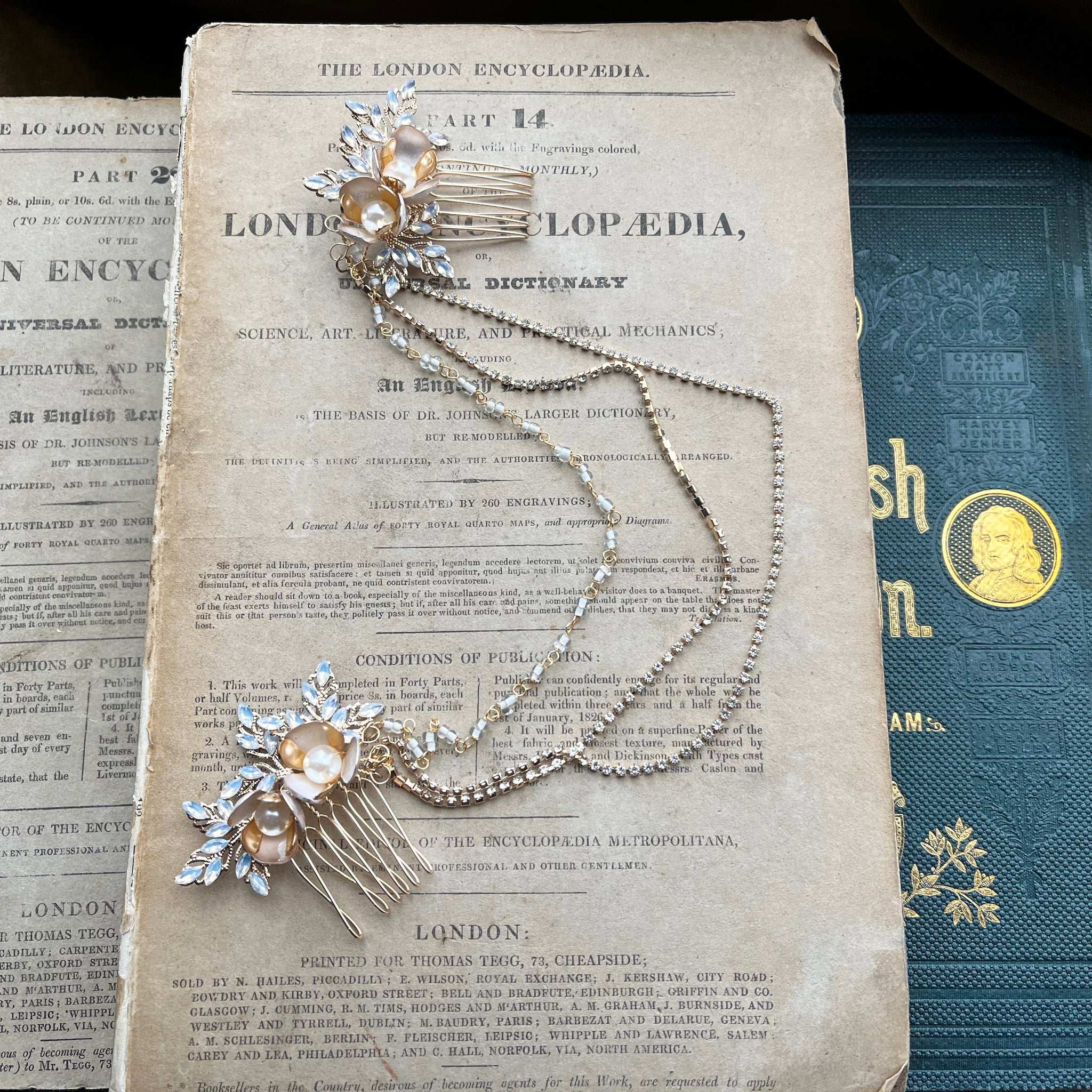 Jules Bridal - Haisley, Goldtone Vintage Design Hair Drape with Pearl Flower Blossoms and Opal
