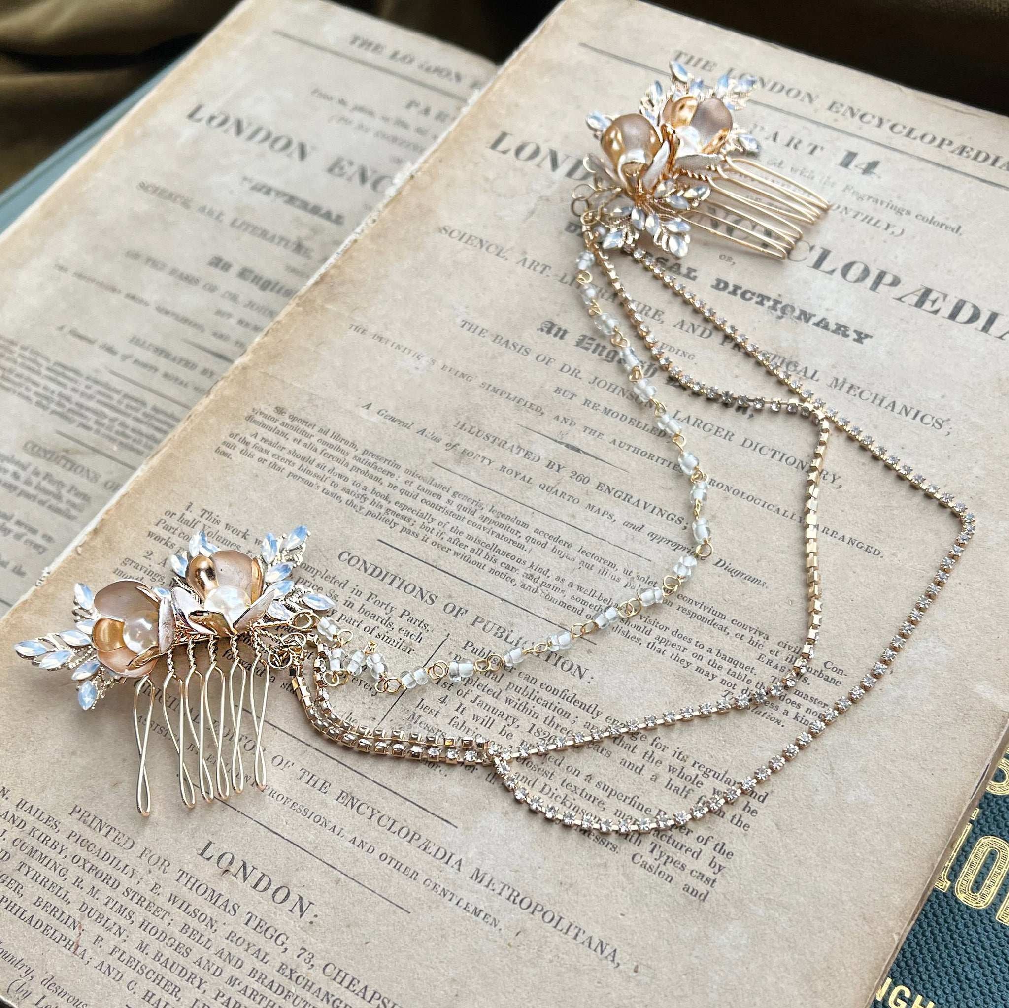 Jules Bridal - Haisley, Goldtone Vintage Design Hair Drape with Pearl Flower Blossoms and Opal