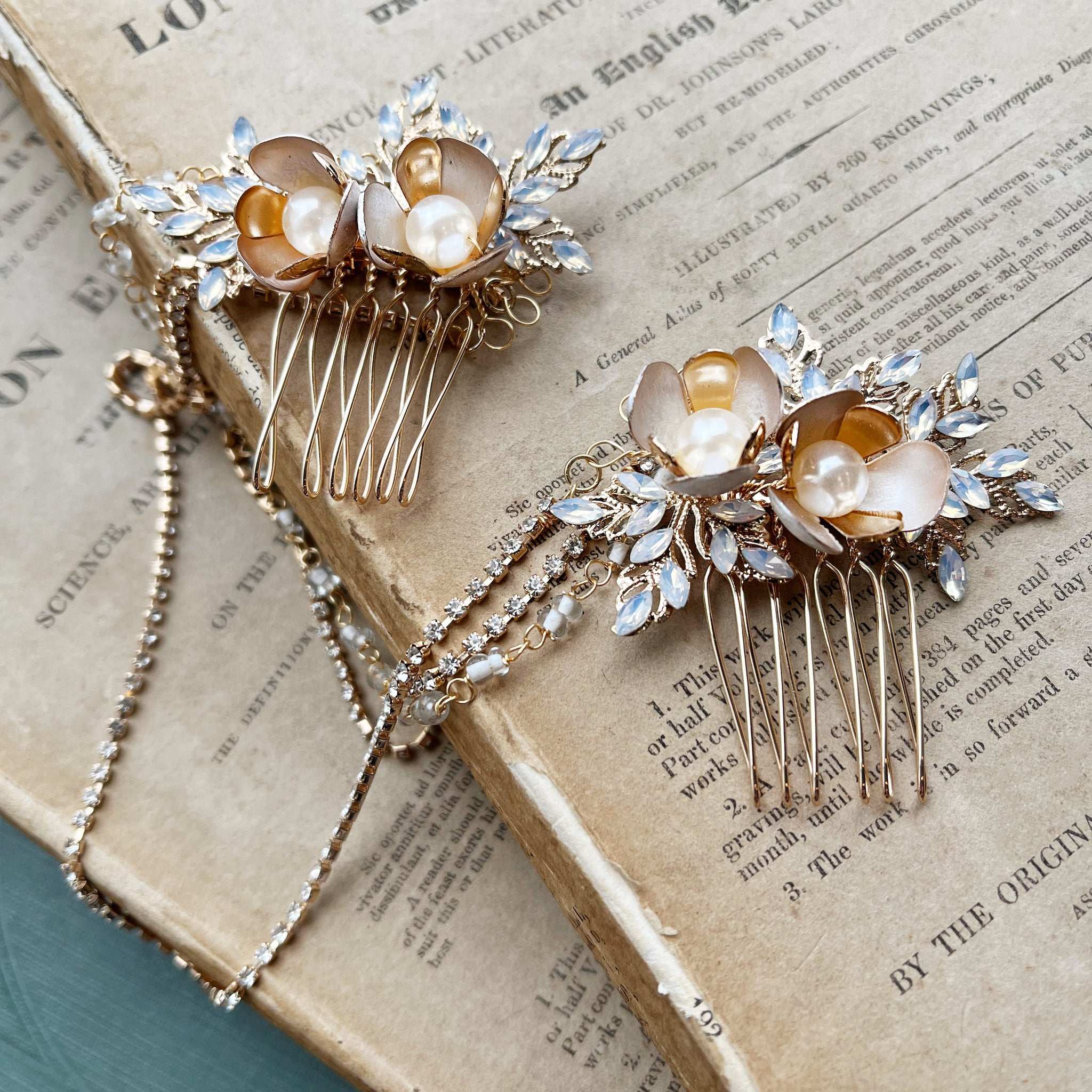 Jules Bridal - Haisley, Goldtone Vintage Design Hair Drape with Pearl Flower Blossoms and Opal