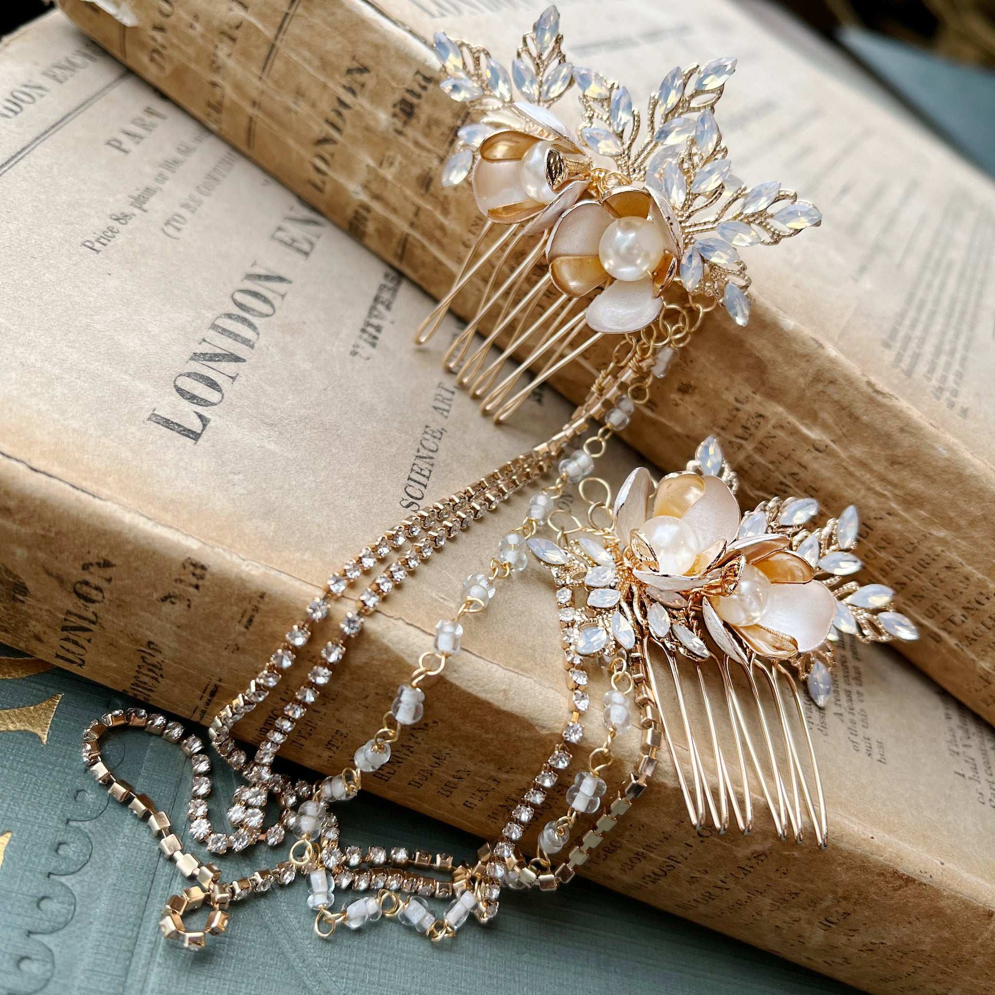 Jules Bridal - Haisley, Goldtone Vintage Design Hair Drape with Pearl Flower Blossoms and Opal