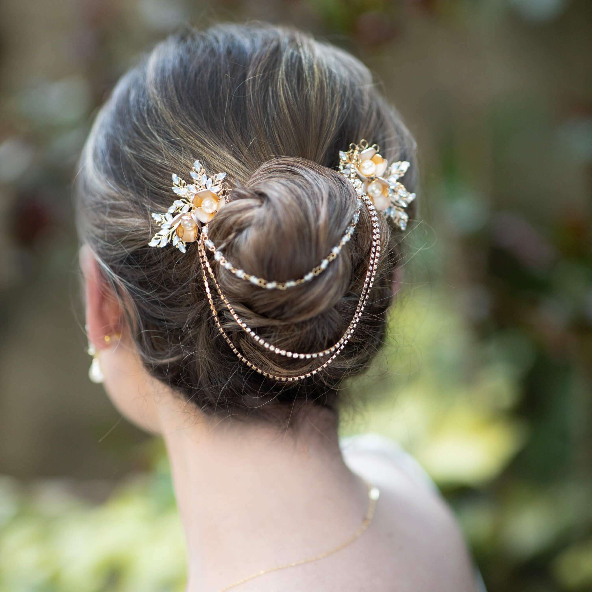 Jules Bridal - Haisley, Goldtone Vintage Design Hair Drape with Pearl, Flower Blossoms and Opal