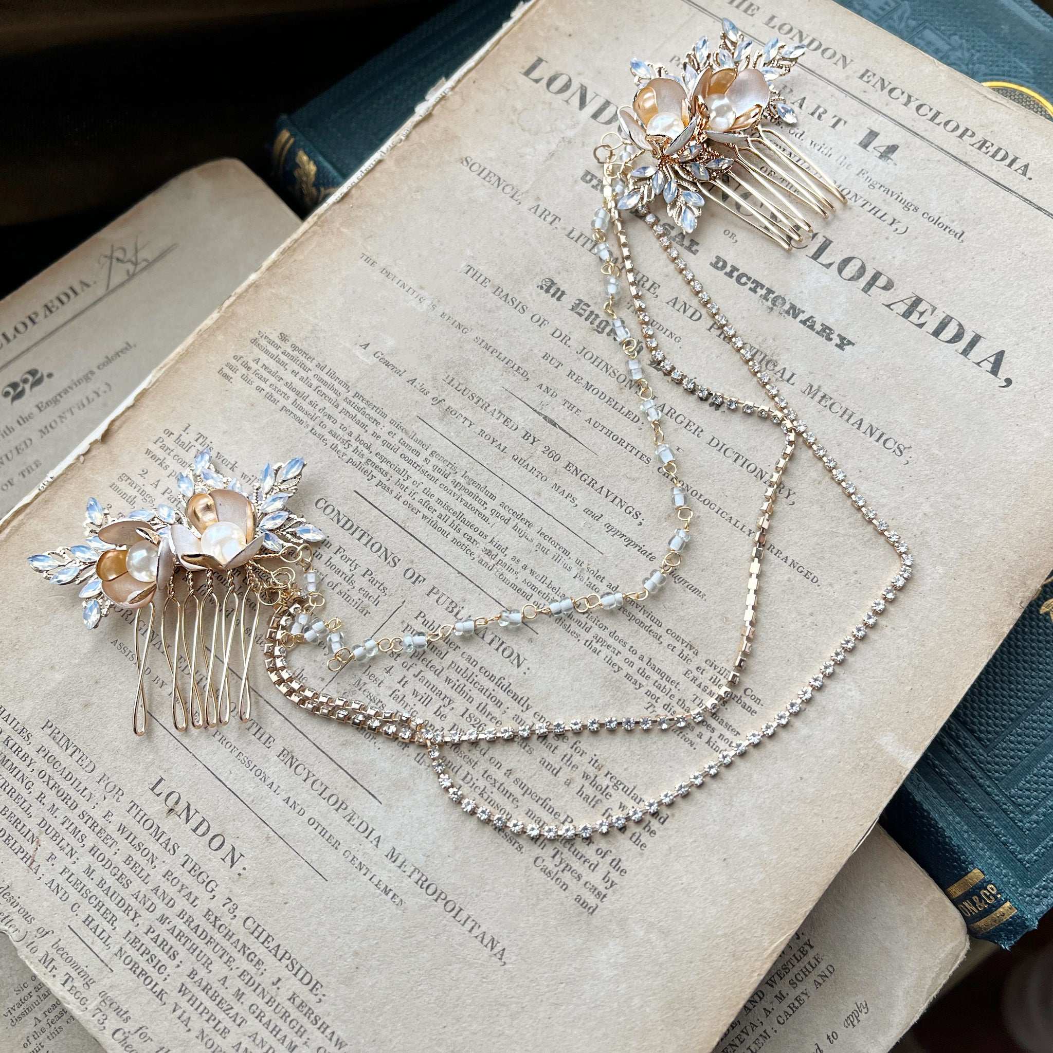 Jules Bridal - Haisley, Goldtone Vintage Design Hair Drape with Pearl Flower Blossoms and Opal