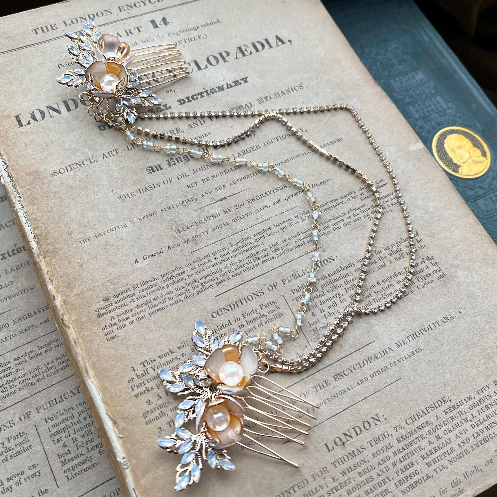 Jules Bridal - Haisley, Goldtone Vintage Design Hair Drape with Pearl Flower Blossoms and Opal