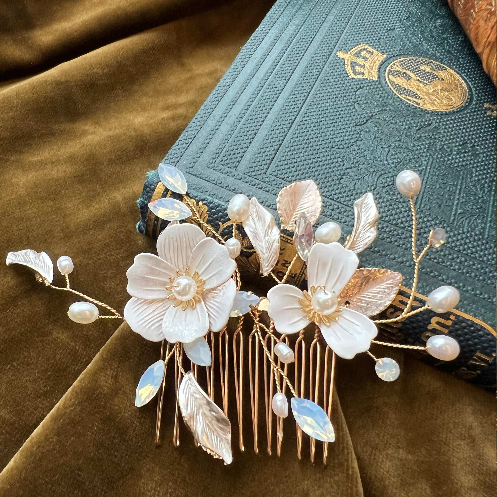 Jules Bridal - Helka, Pearl Enamel Floral Hair Comb with Opal & Gold