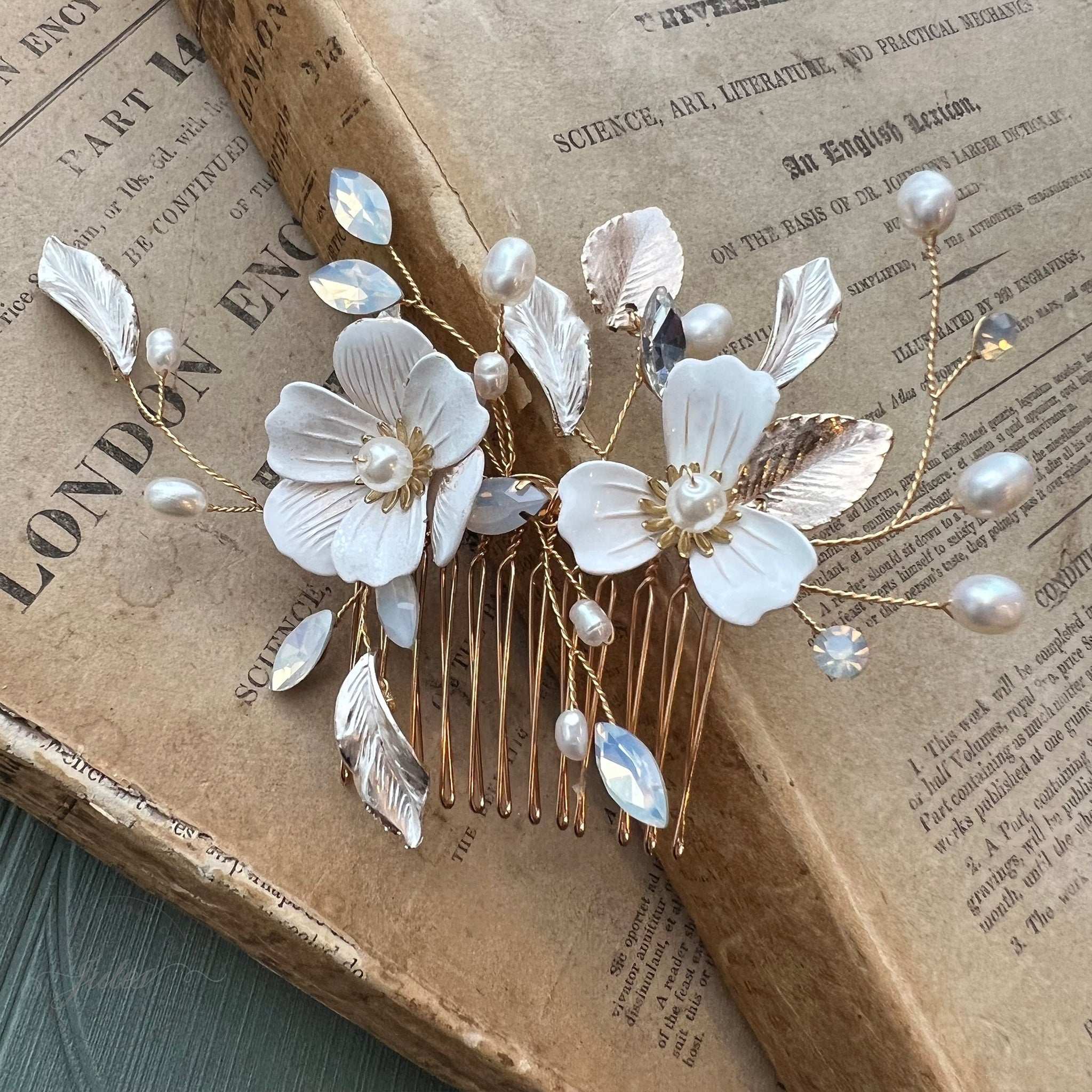 Jules Bridal - Helka, Pearl Enamel Floral Hair Comb with Opal & Gold