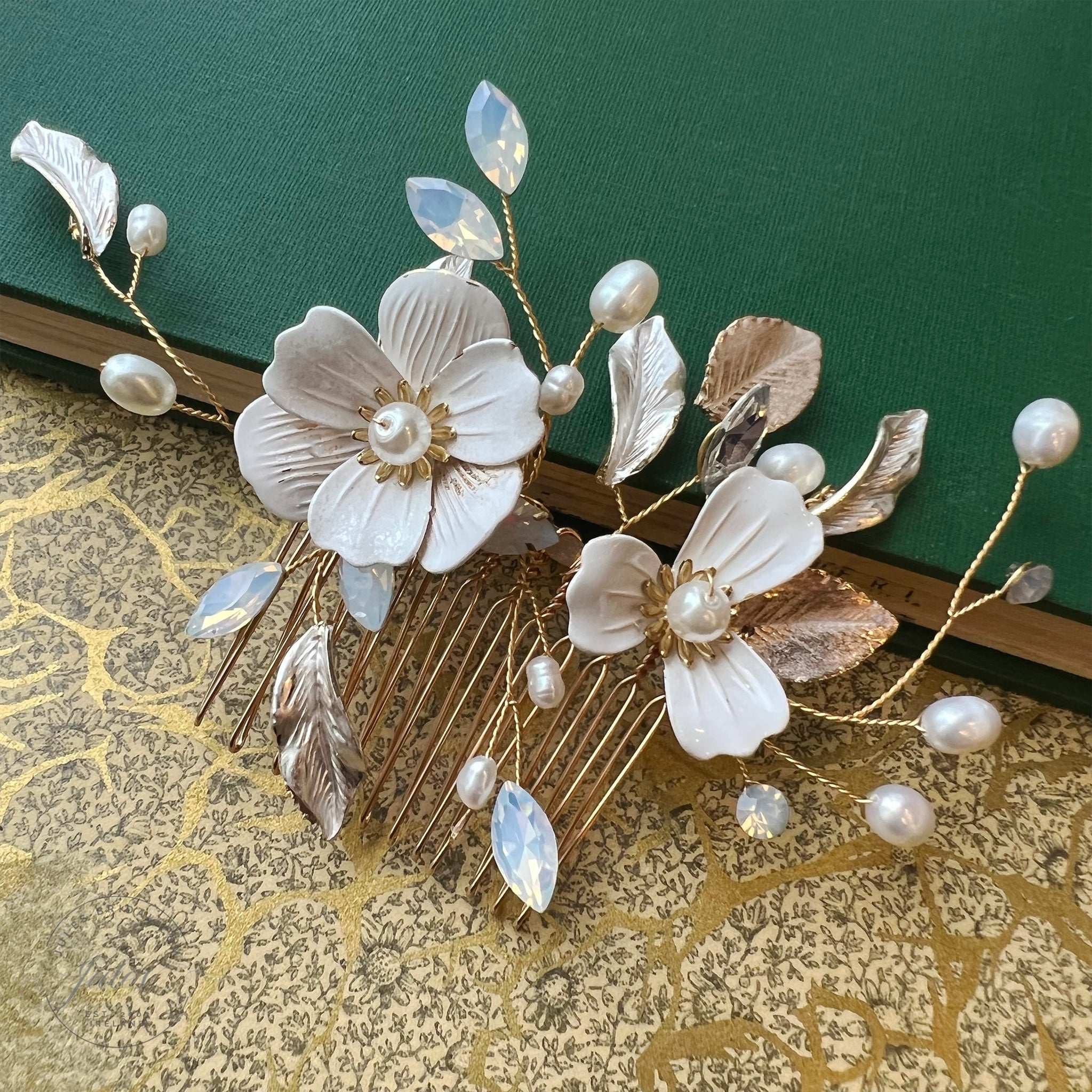 Jules Bridal - Helka, Pearl Enamel Floral Hair Comb with Opal & Gold