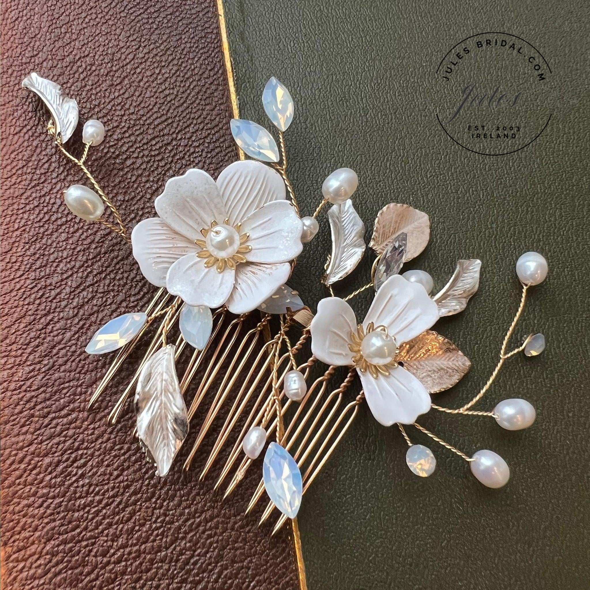 Jules Bridal - Helka, Pearl Enamel Floral Hair Comb with Opal & Gold