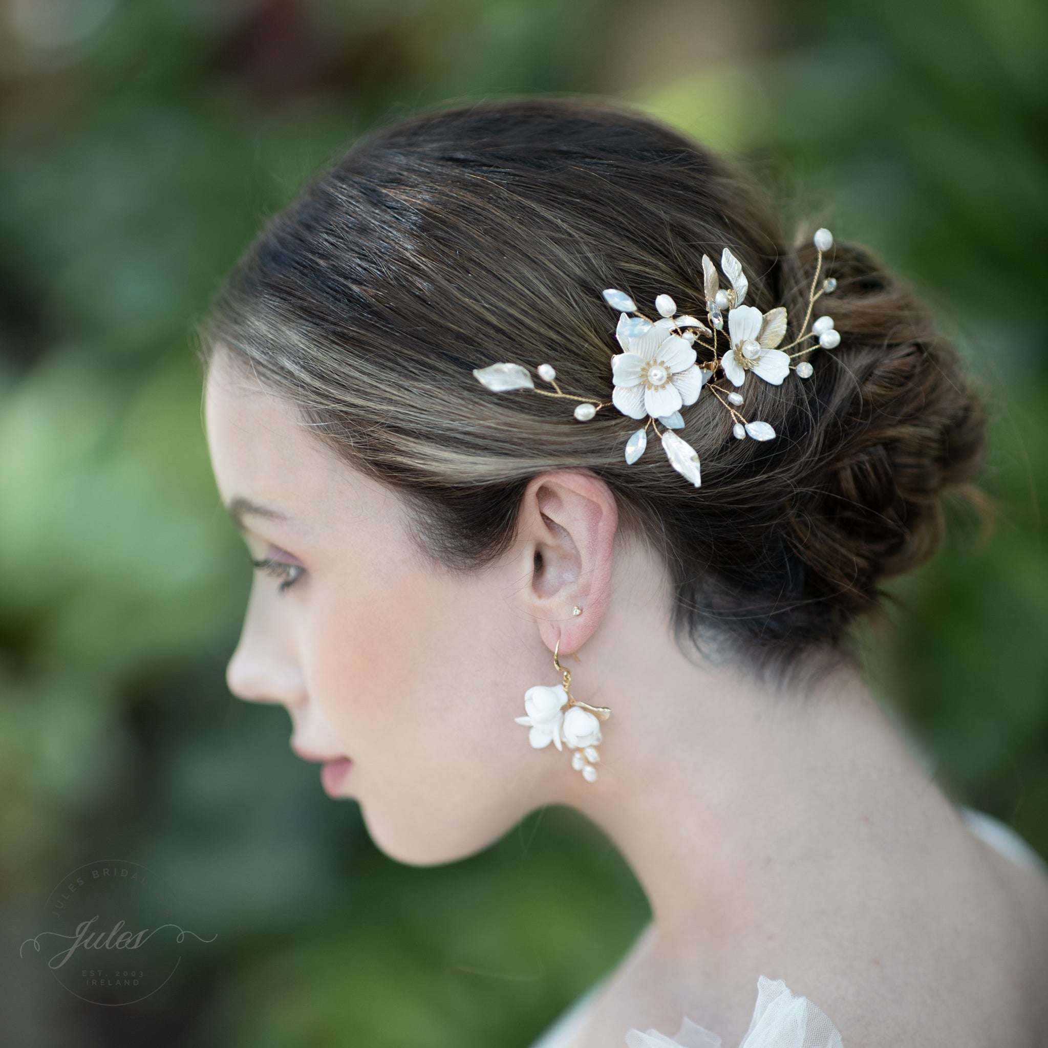Jules Bridal - Helka, Pearl & Enamel Floral Hair Comb with Opal & Gold