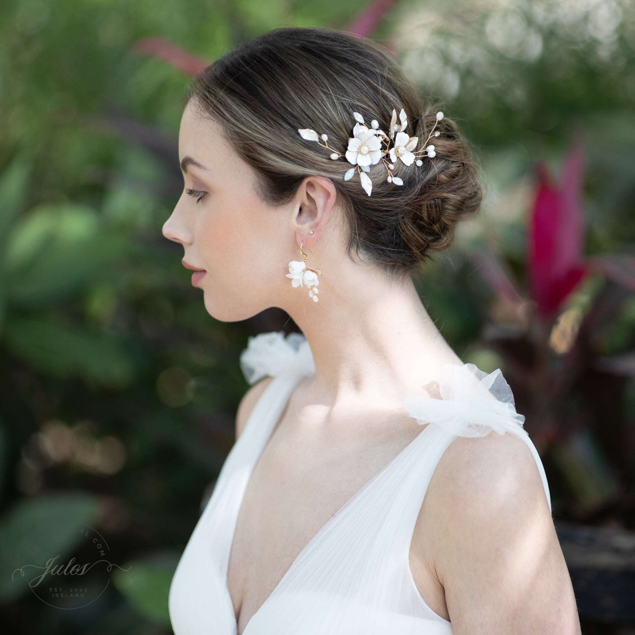 Jules Bridal - Helka, Pearl & Enamel Floral Hair Comb with Opal & Gold